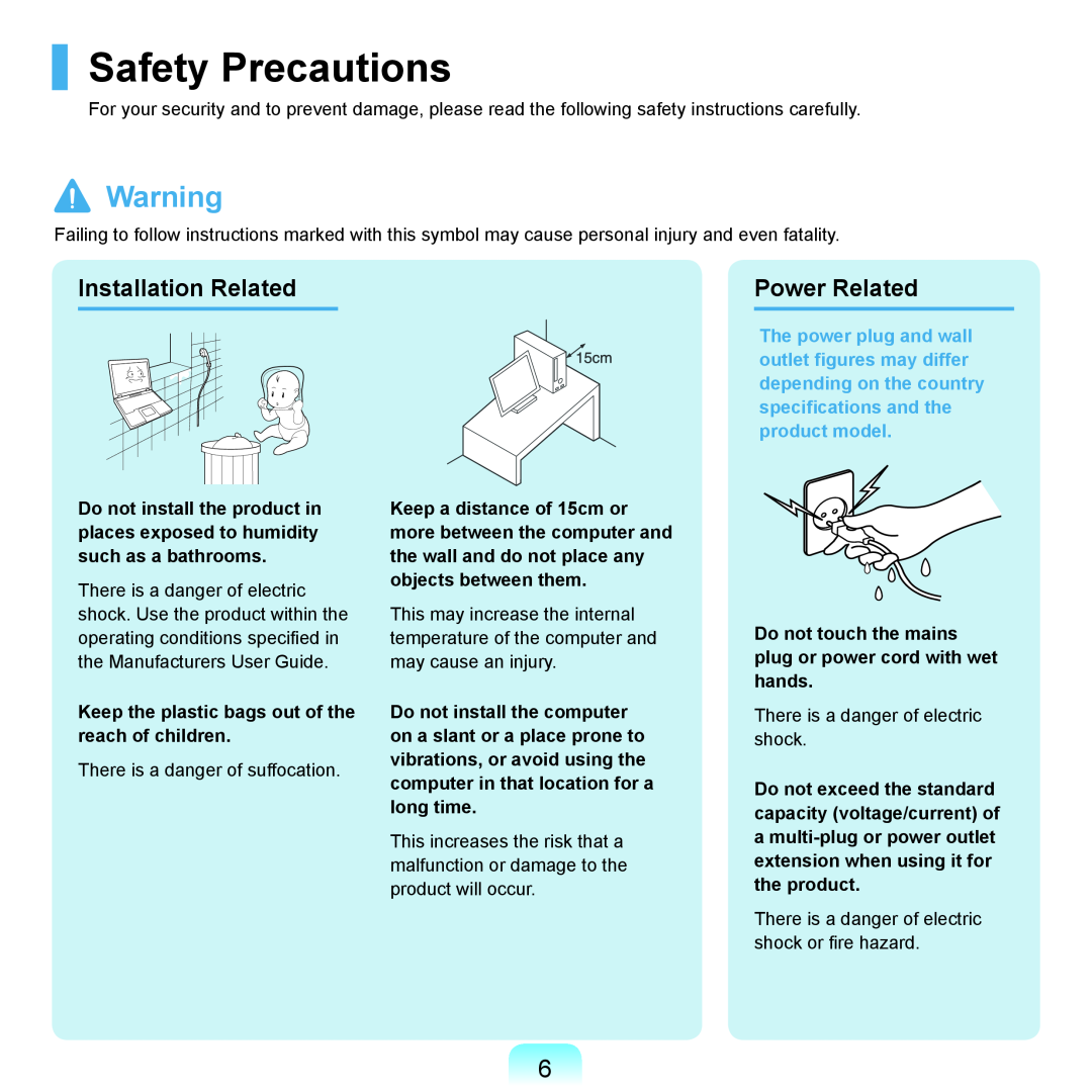 Samsung P55 Safety Precautions, Installation Related, Power Related, Keep the plastic bags out of the reach of children 