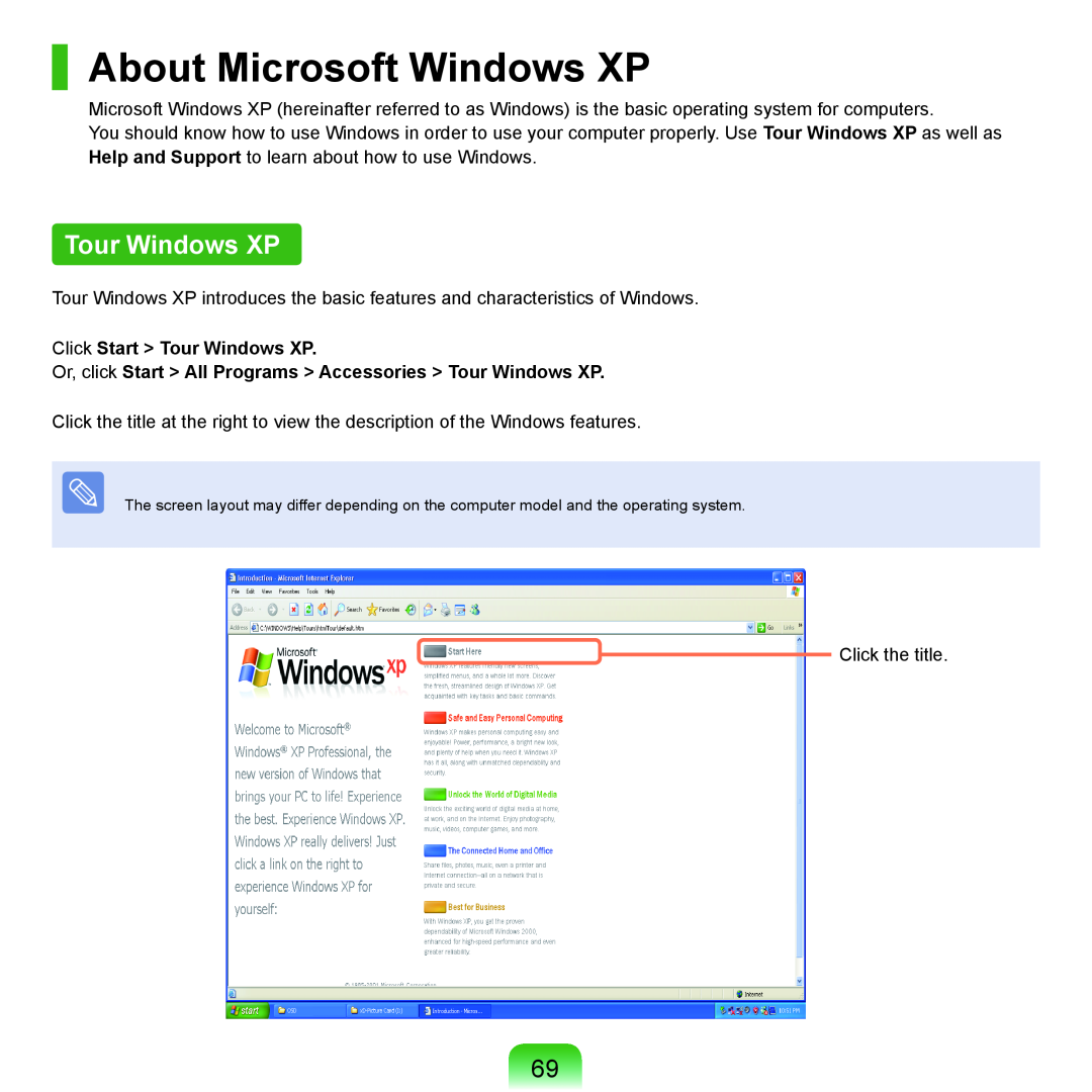 Samsung P55 manual About Microsoft Windows XP, Click Start Tour Windows XP 