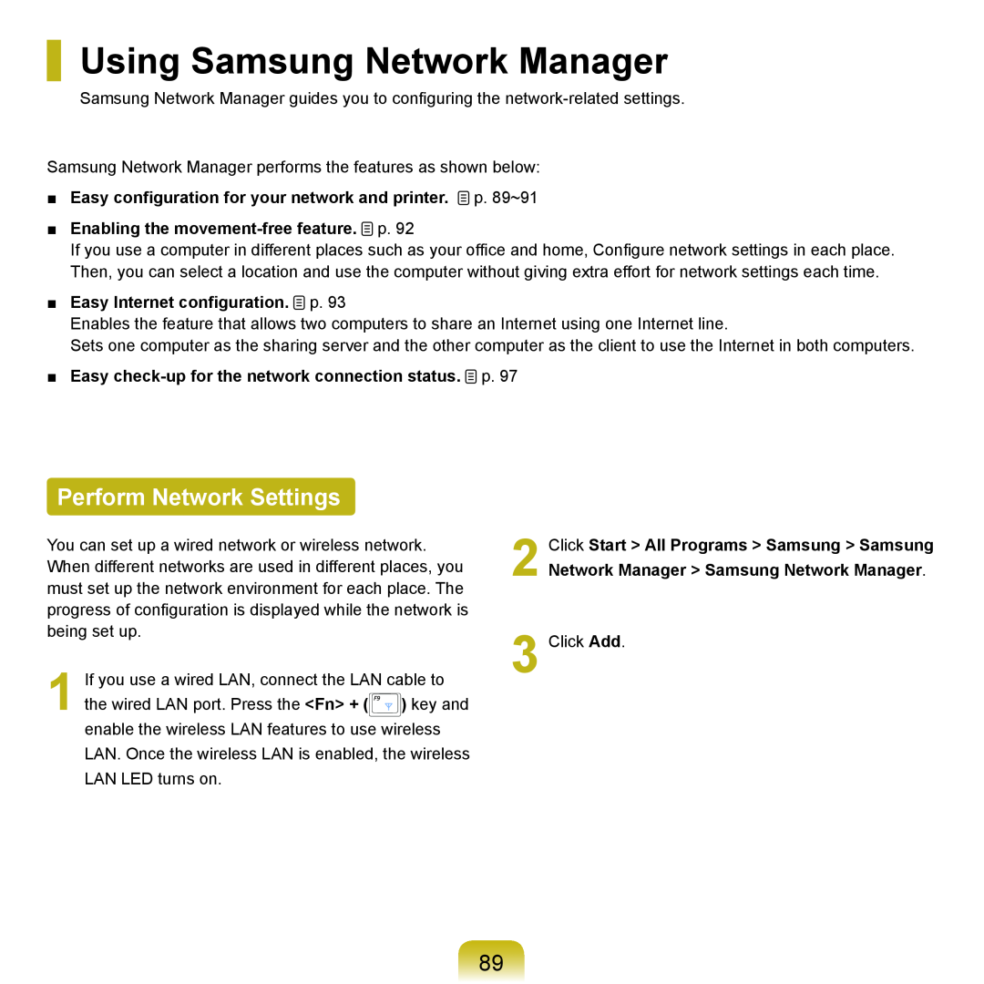 Samsung P55 manual Using Samsung Network Manager, Perform Network Settings, Enabling the movement-free feature. p 