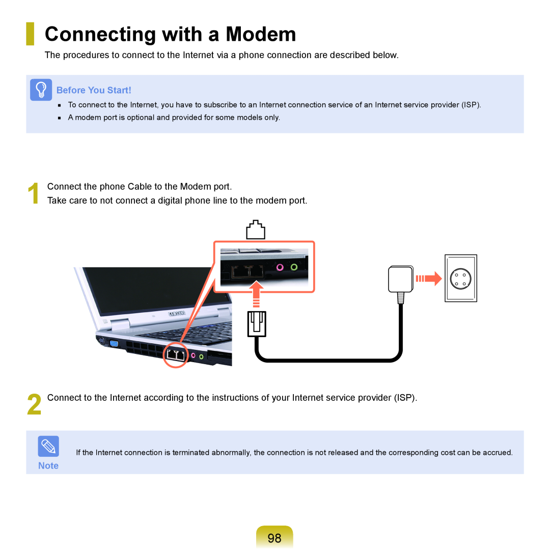 Samsung P55 manual Connecting with a Modem, Before You Start 