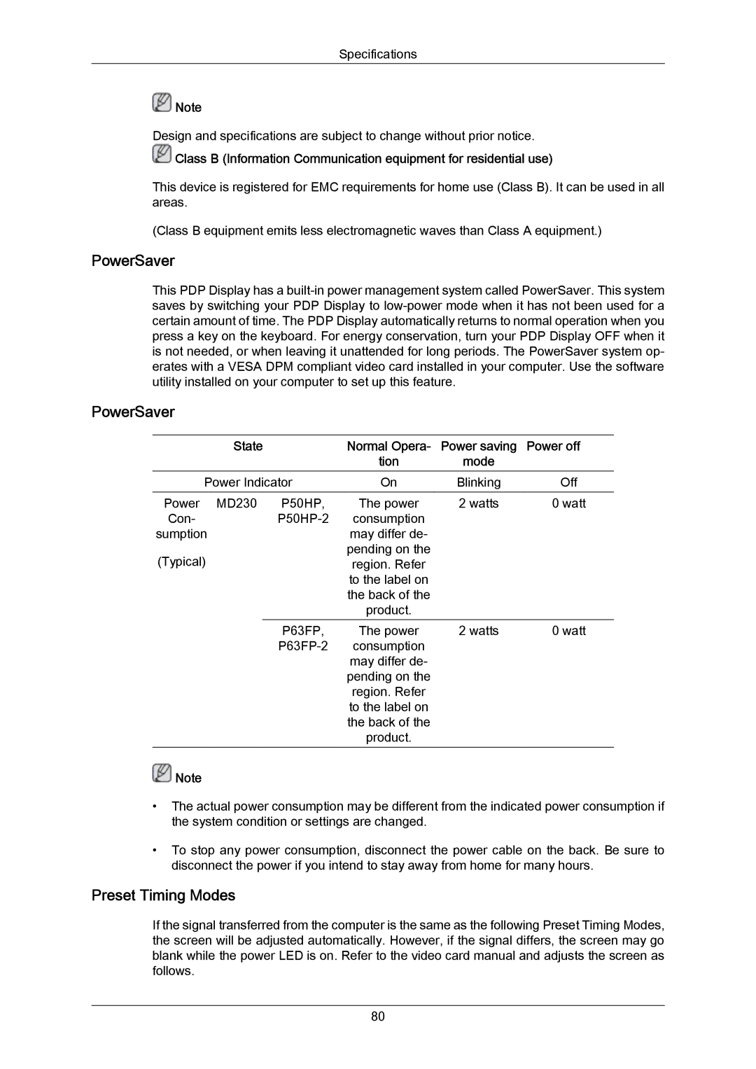 Samsung P50HP-2, P63FP-2 user manual PowerSaver, Preset Timing Modes, Power off 