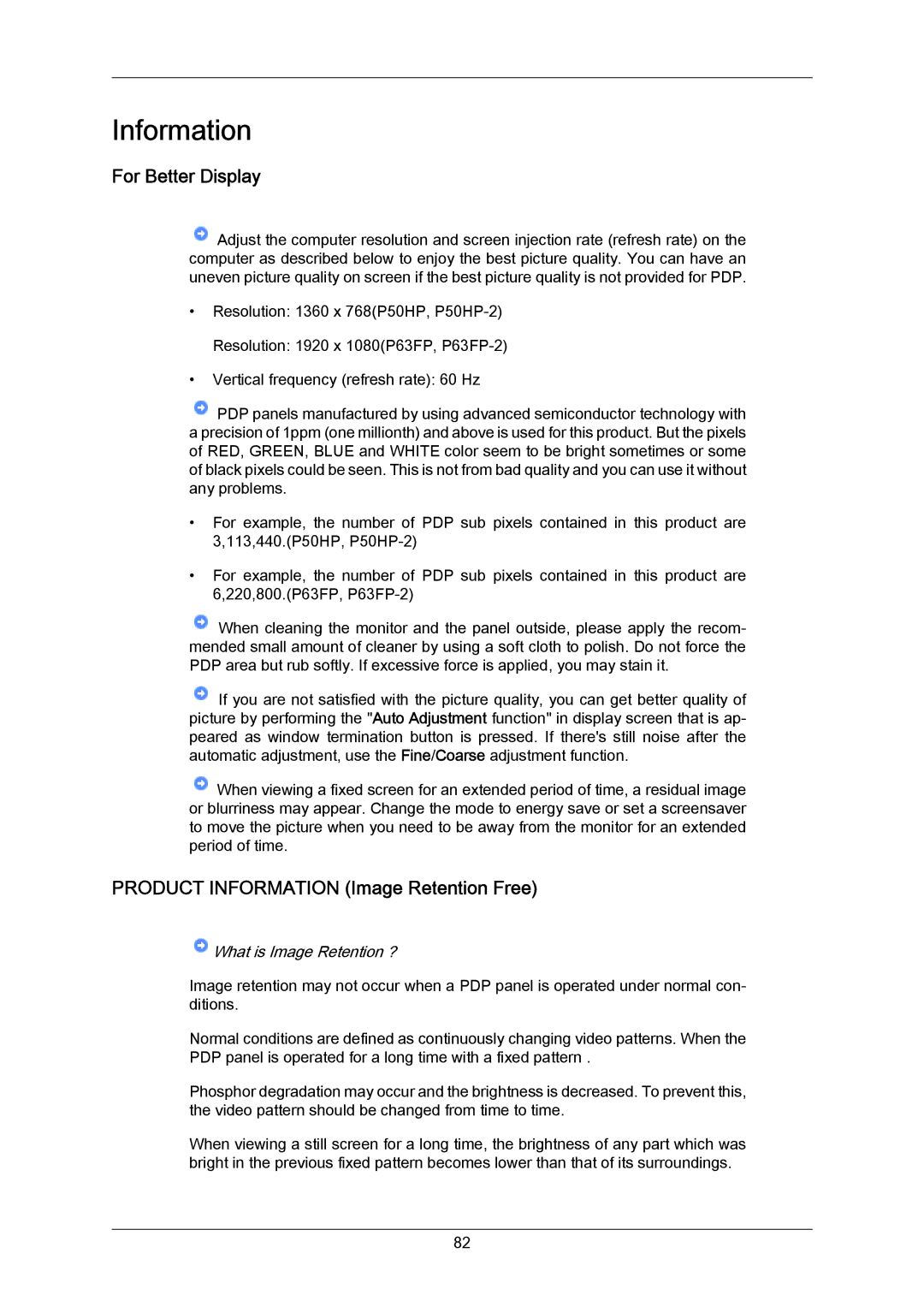 Samsung P50HP-2, P63FP-2 user manual For Better Display, Product Information Image Retention Free 