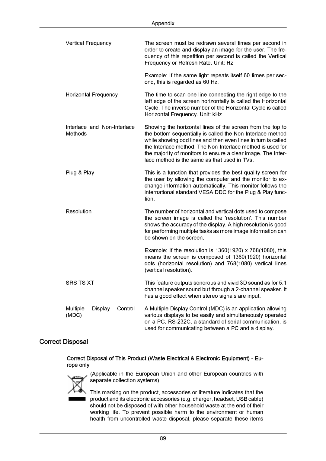 Samsung P50HP-2, P63FP-2 user manual Correct Disposal, Screen image is called the resolution. This number 