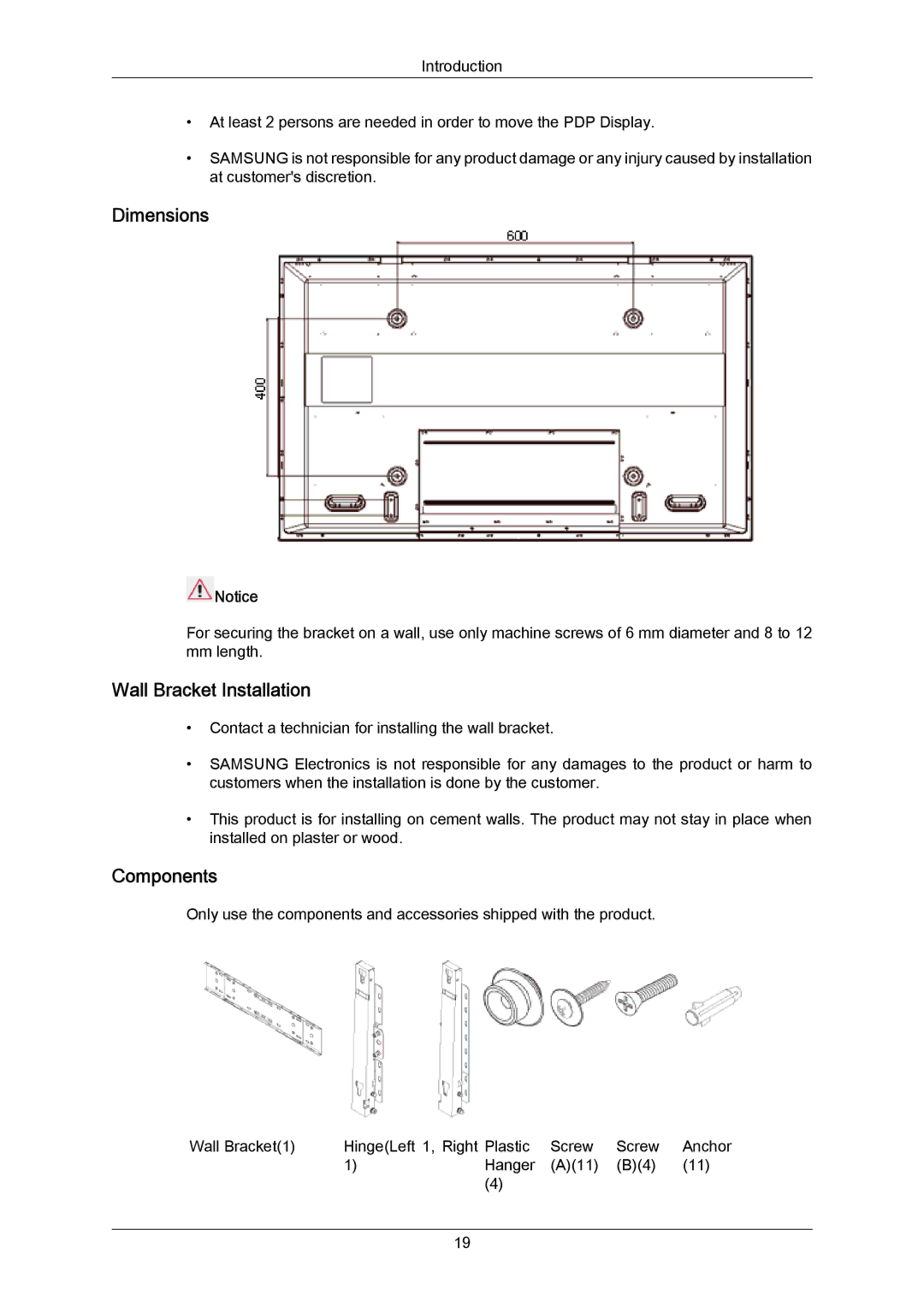 Samsung P63FP-2, P50HP-2 user manual Dimensions, Wall Bracket Installation, Components 