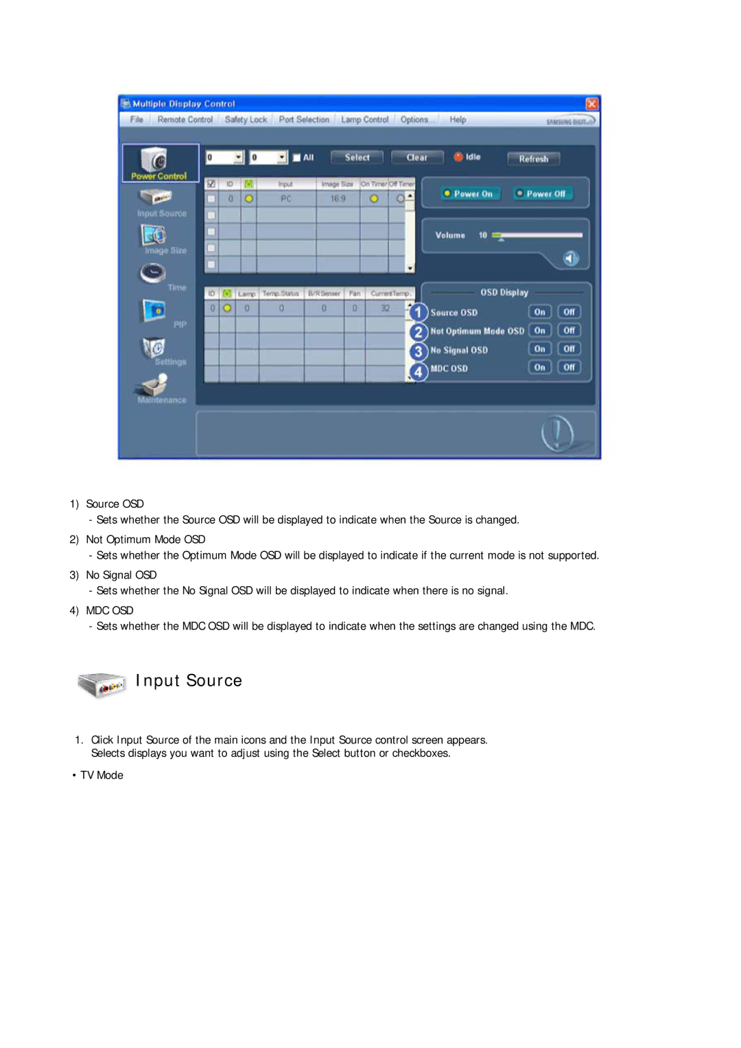 Samsung P50HP-2, P63FP-2 user manual Input Source, Mdc Osd 