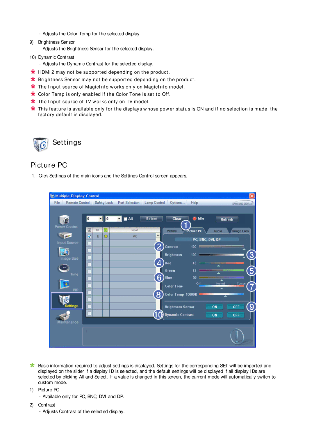 Samsung P63FP-2, P50HP-2 user manual Settings Picture PC 