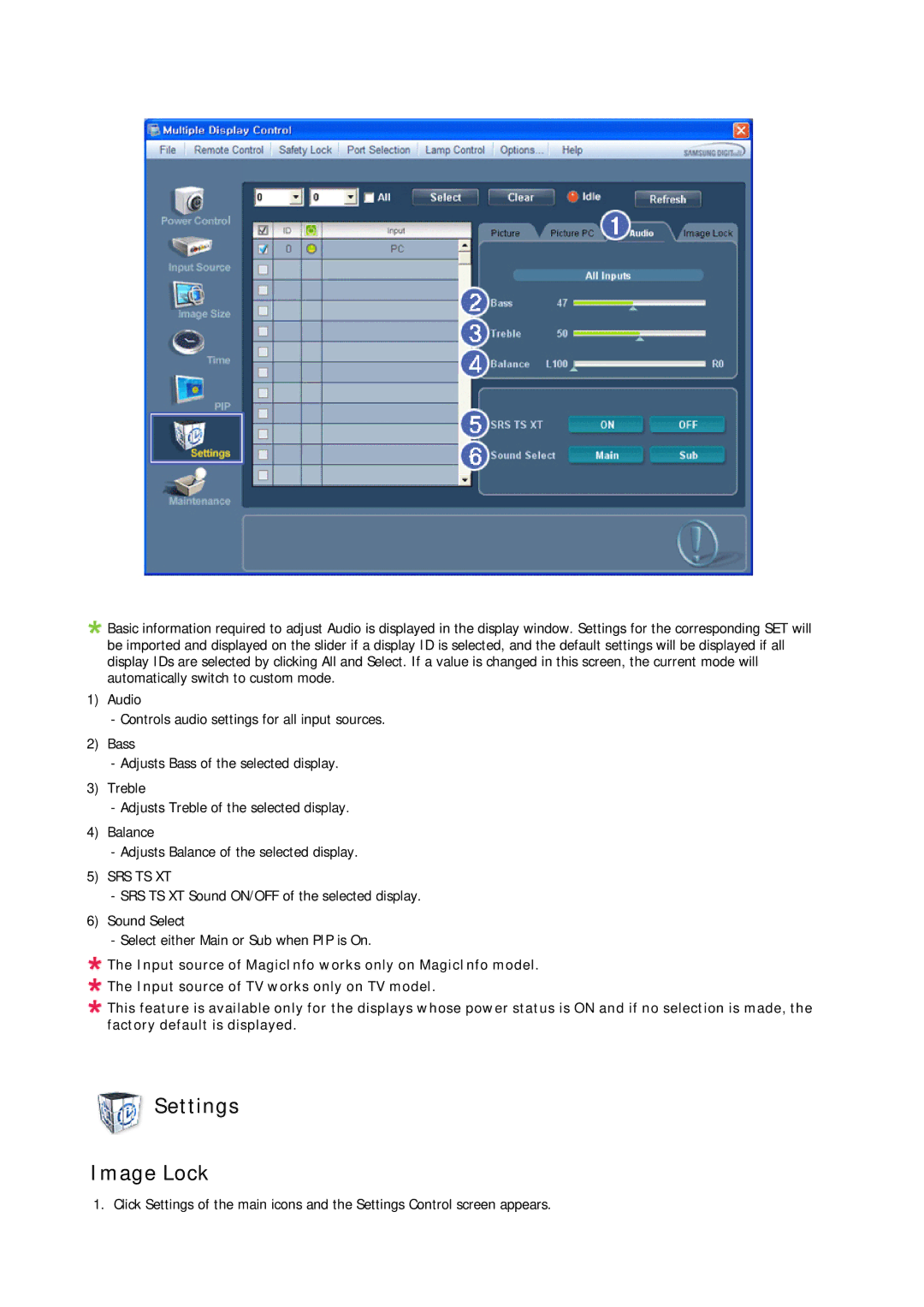 Samsung P50HP-2, P63FP-2 user manual Settings Image Lock, Srs Ts Xt 