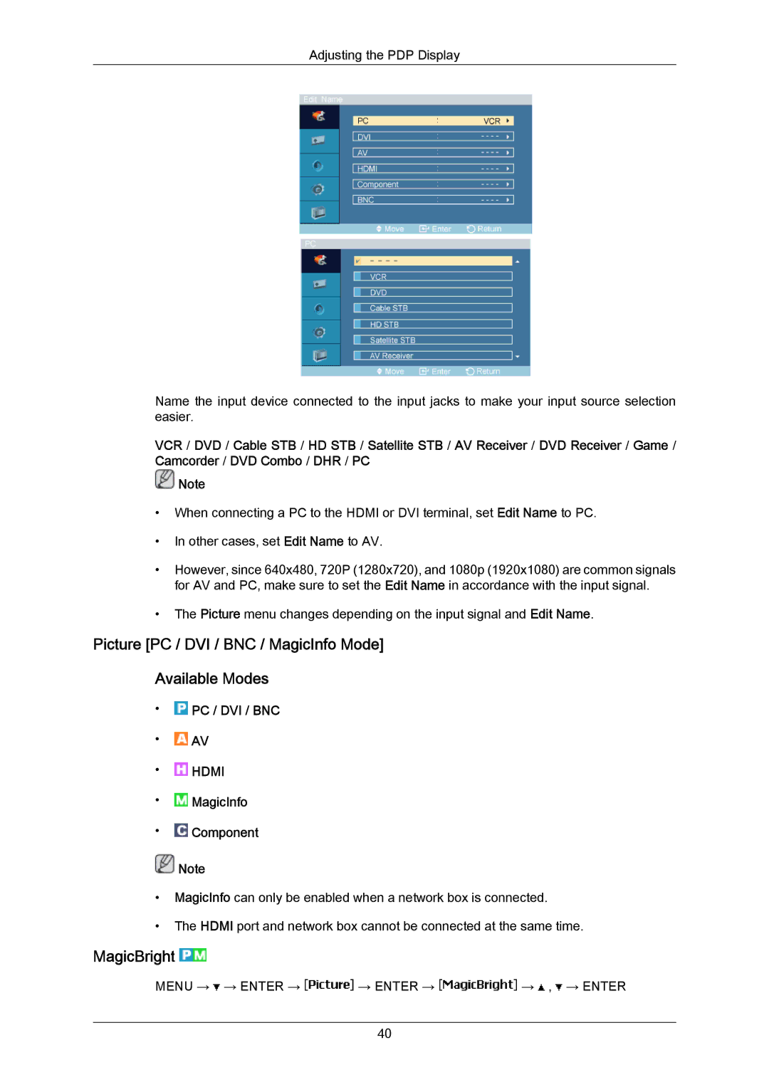 Samsung P50HP-2, P63FP-2 user manual Picture PC / DVI / BNC / MagicInfo Mode Available Modes, MagicBright 