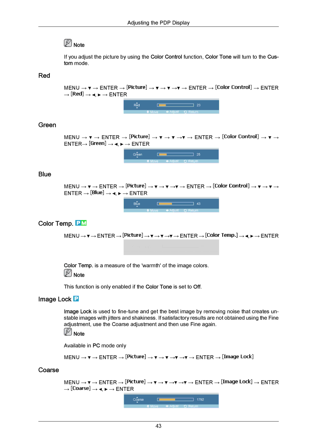 Samsung P50HP-2, P63FP-2 user manual Red, Green, Blue, Color Temp, Image Lock, Coarse 