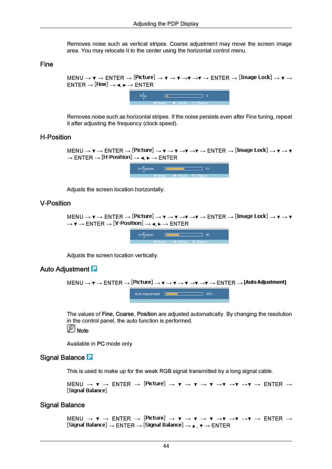 Samsung P50HP-2, P63FP-2 user manual Fine, Position, Auto Adjustment, Signal Balance 