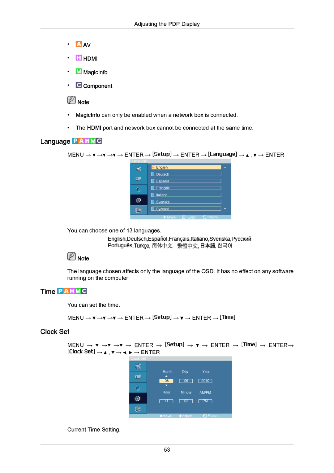 Samsung P50HP-2, P63FP-2 user manual Language, Time, Clock Set 