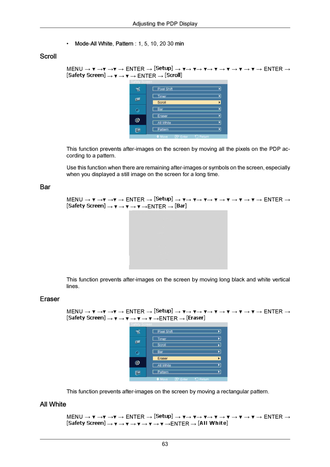 Samsung P63FP-2, P50HP-2 user manual Scroll, Bar, Eraser, Mode-All White, Pattern 1, 5, 10, 20 30 min 