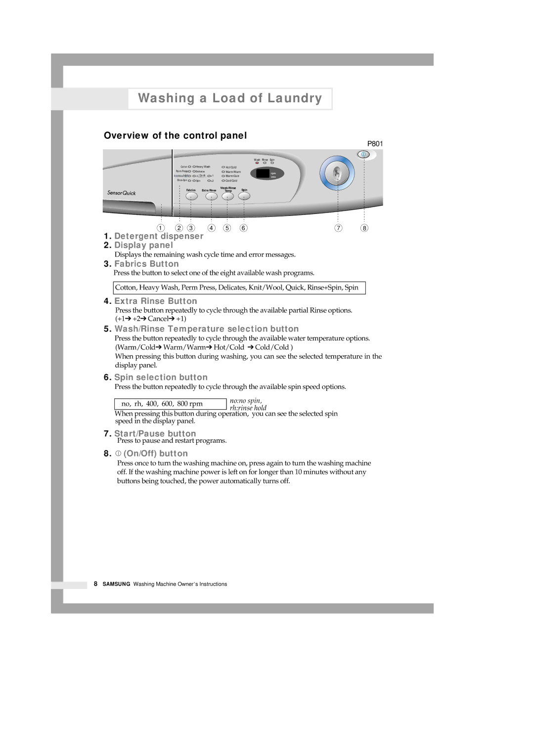 Samsung P801 manual Fabrics Button 