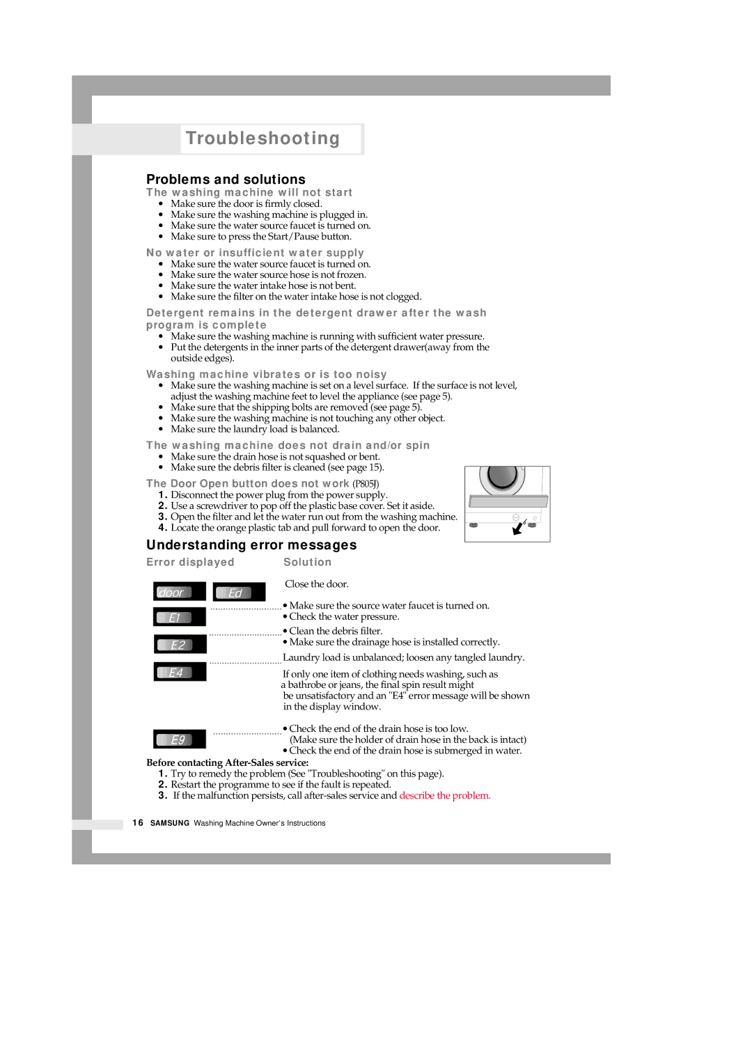 Samsung P801 Troubleshooting, Problems and solutions, Understanding error messages, Before contacting After-Sales service 