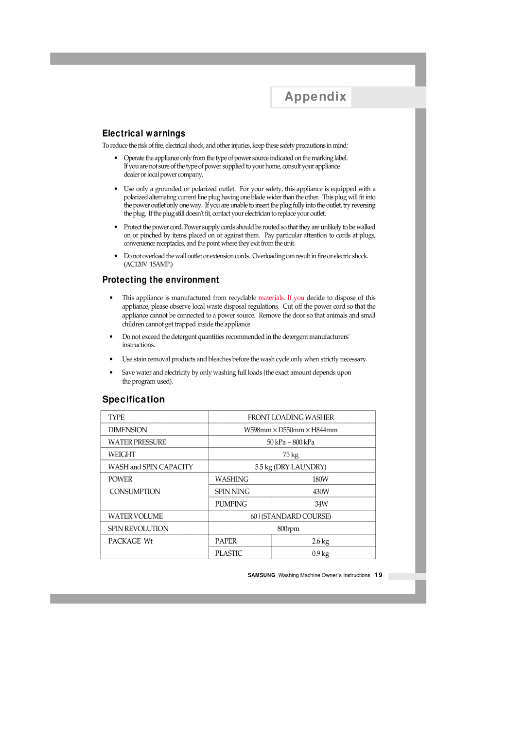 Samsung P801 manual Electrical warnings, Protecting the environment, Specification 