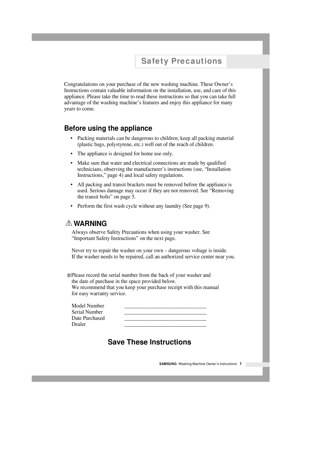 Samsung P801 manual Safety Precautions, Before using the appliance 