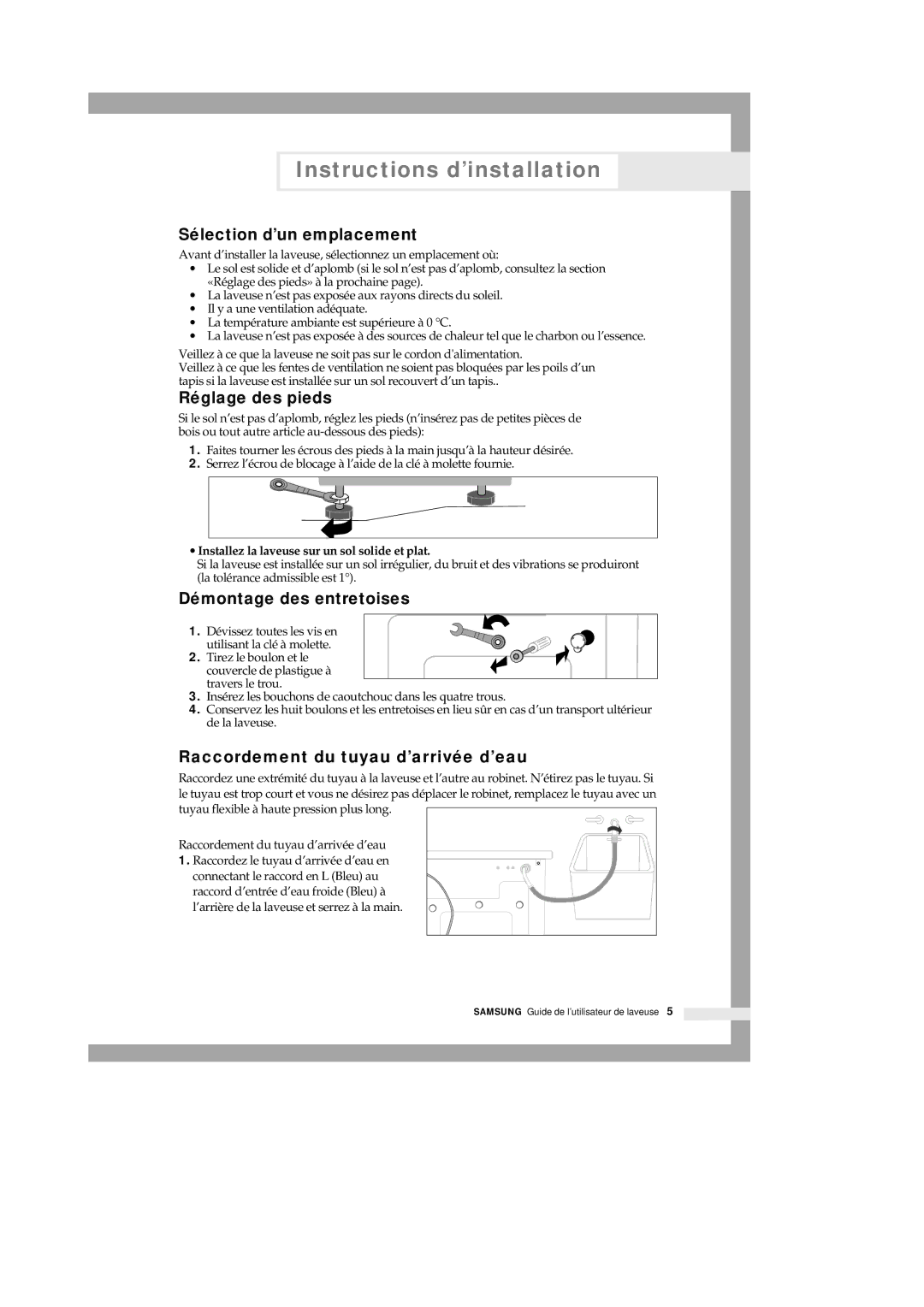 Samsung P801 manual Instructions d’installation, Sélection d’un emplacement, Réglage des pieds, Démontage des entretoises 