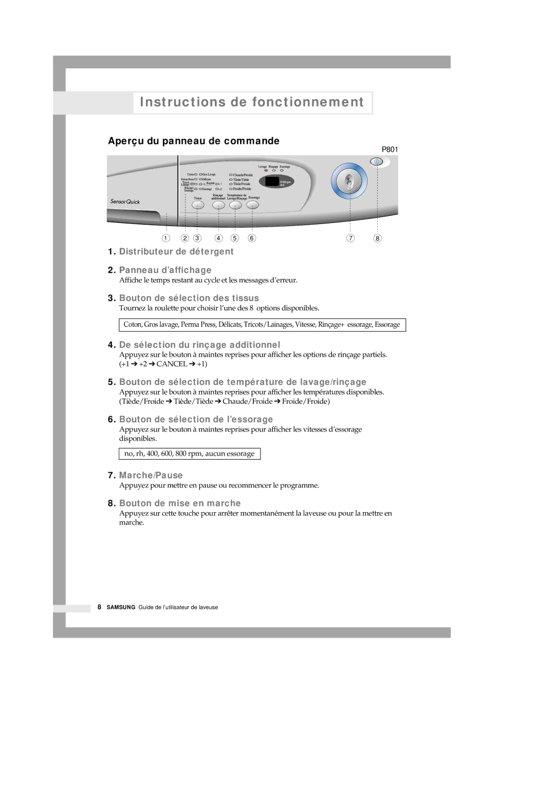 Samsung P801 manual Bouton de sélection des tissus, De sélection du rinçage additionnel 