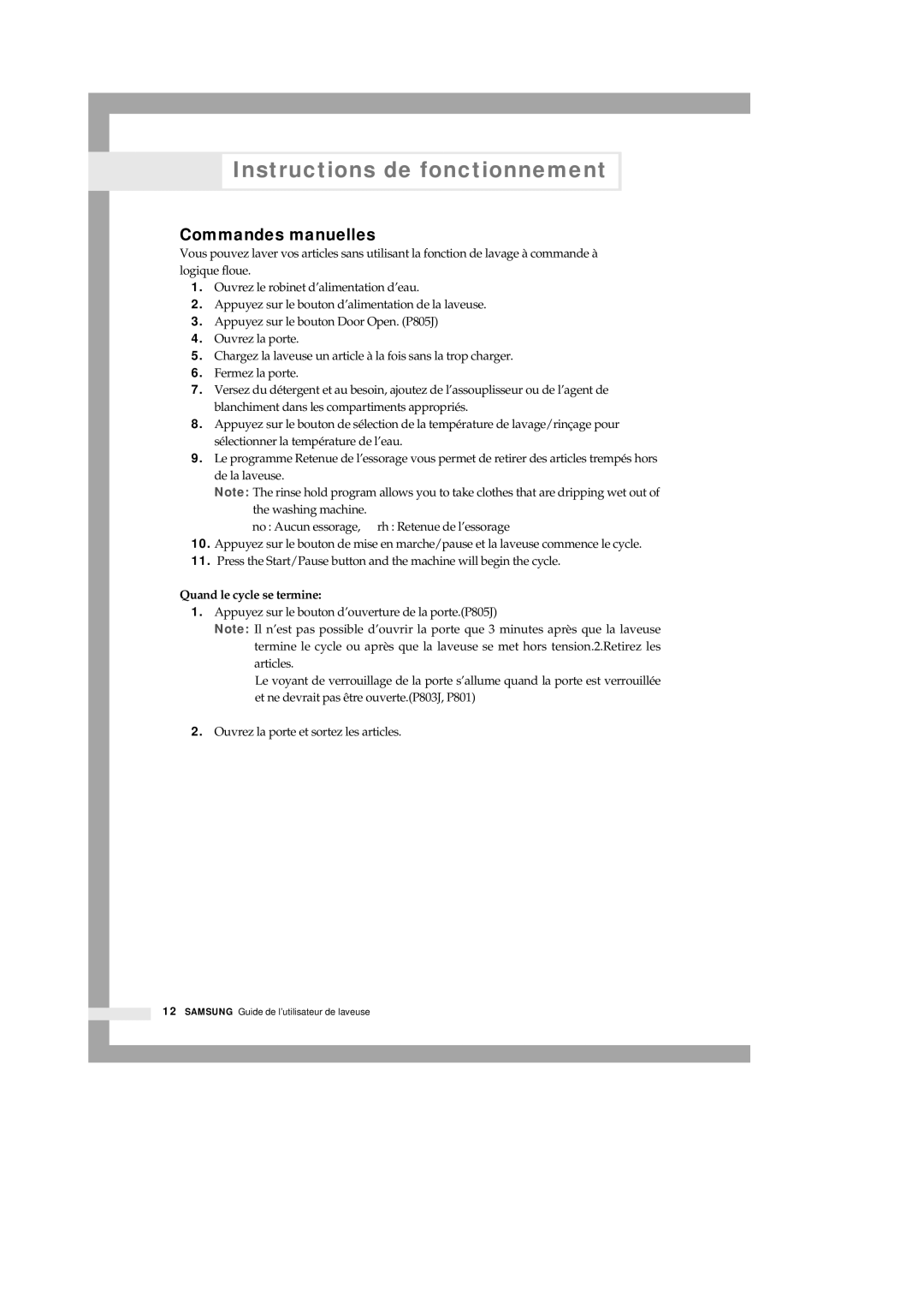 Samsung P801 manual Commandes manuelles, Quand le cycle se termine 