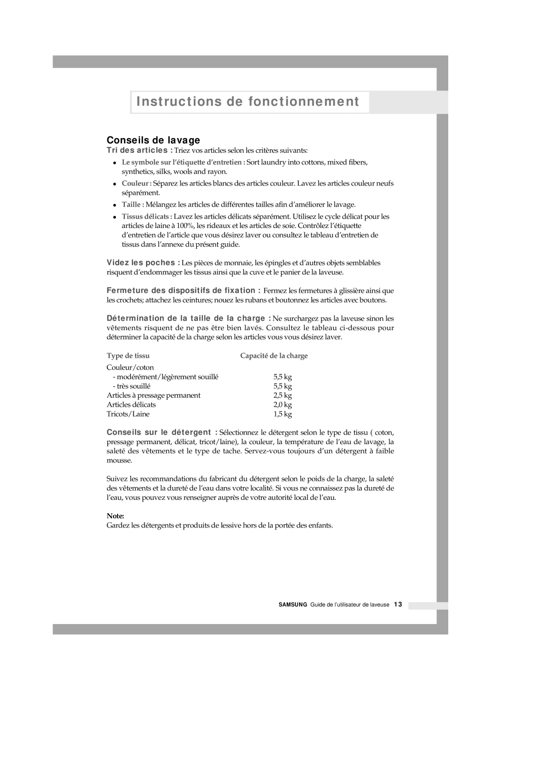 Samsung P801 manual Conseils de lavage, Type de tissu 