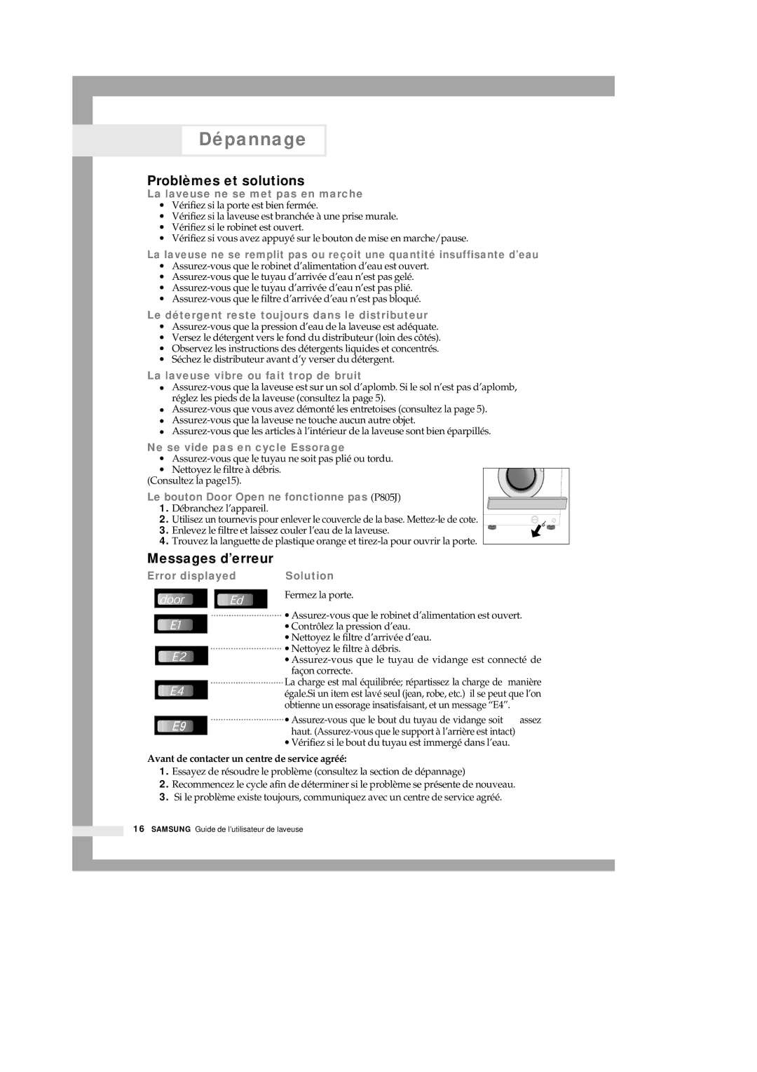 Samsung P801 manual Dépannage, Problèmes et solutions, Messages d’erreur, Avant de contacter un centre de service agréé 