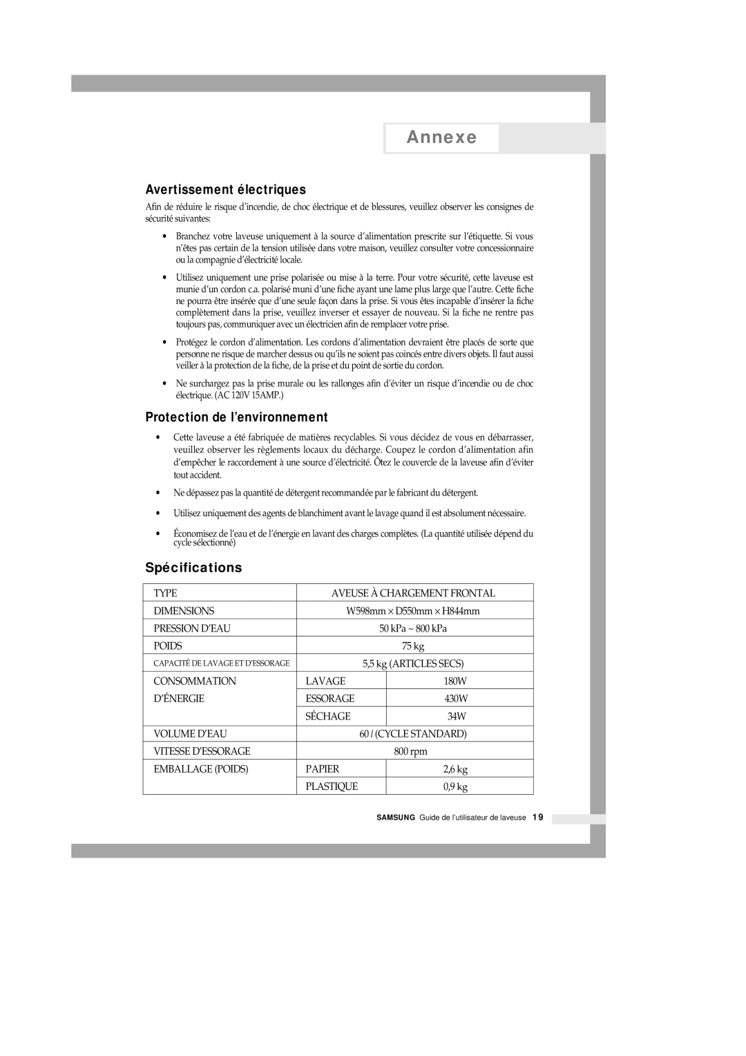 Samsung P801 manual Avertissement électriques, Protection de l’environnement, Spécifications 