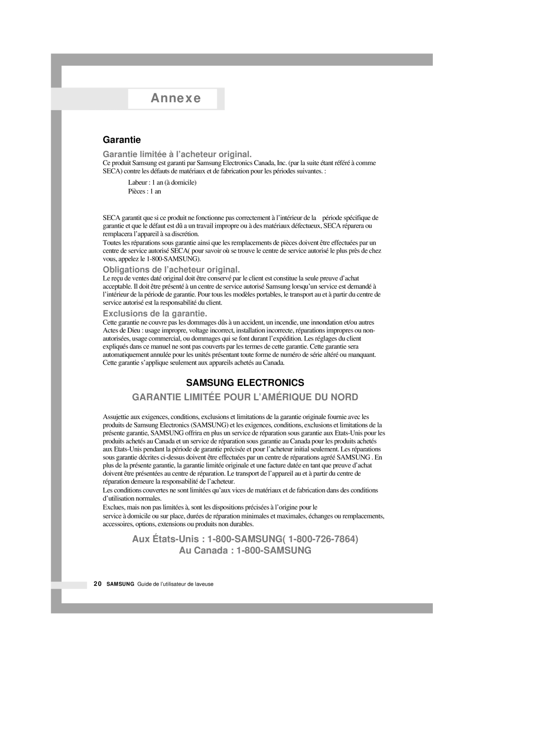 Samsung P801 Garantie limité e à l’acheteur original, Obligations de l’acheteur original, Exclusions de la garantie 