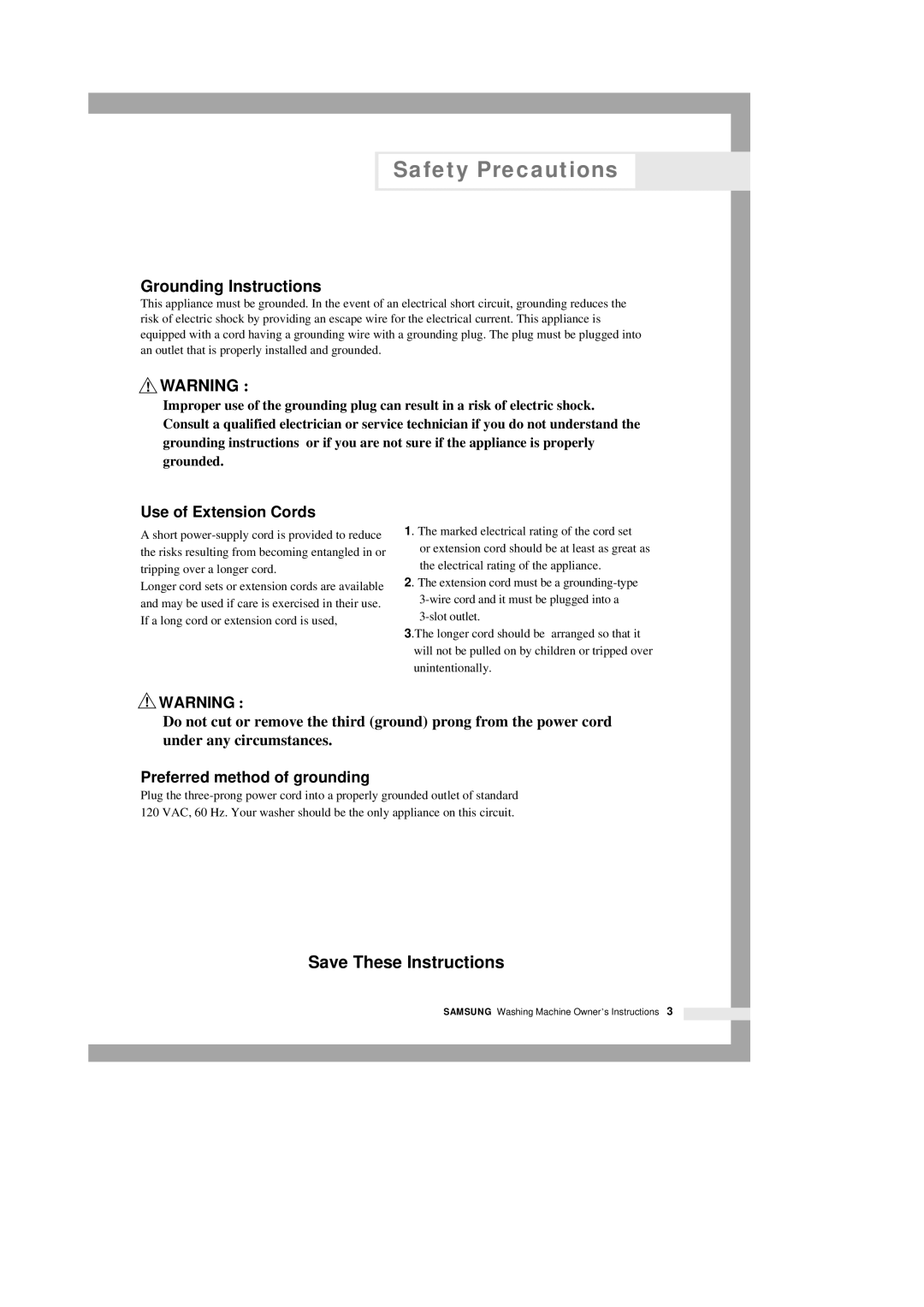 Samsung P801 manual Grounding Instructions, Use of Extension Cords 