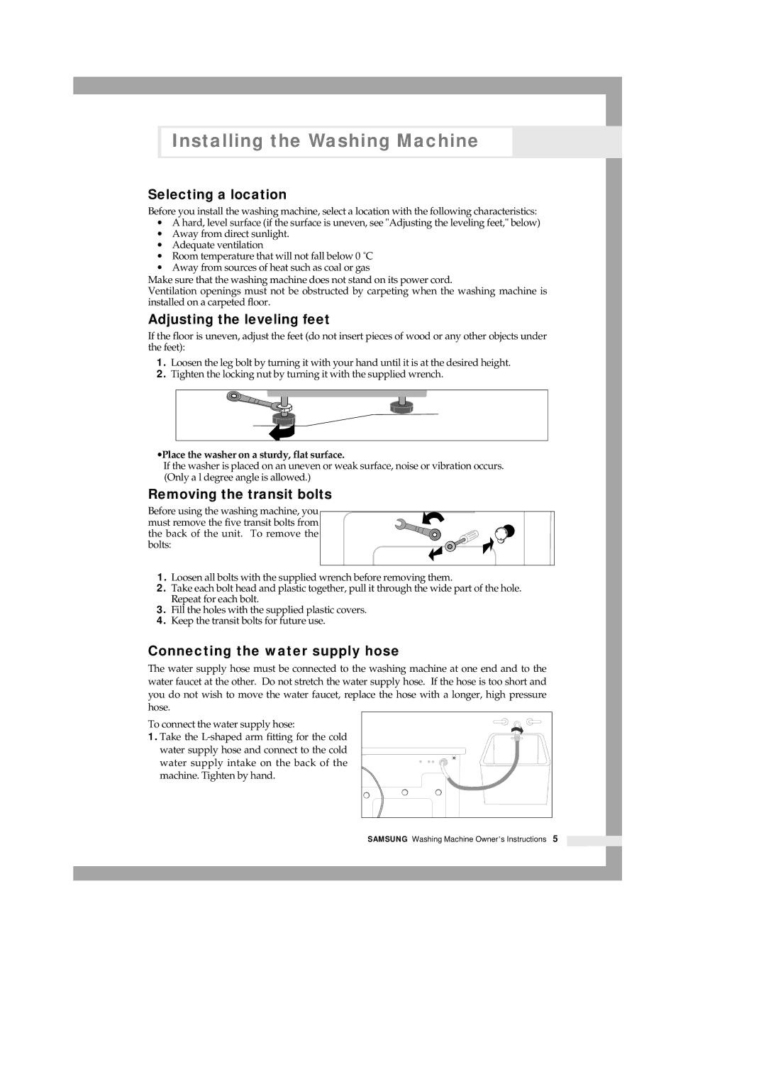 Samsung P801 manual Selecting a location, Adjusting the leveling feet, Removing the transit bolts 