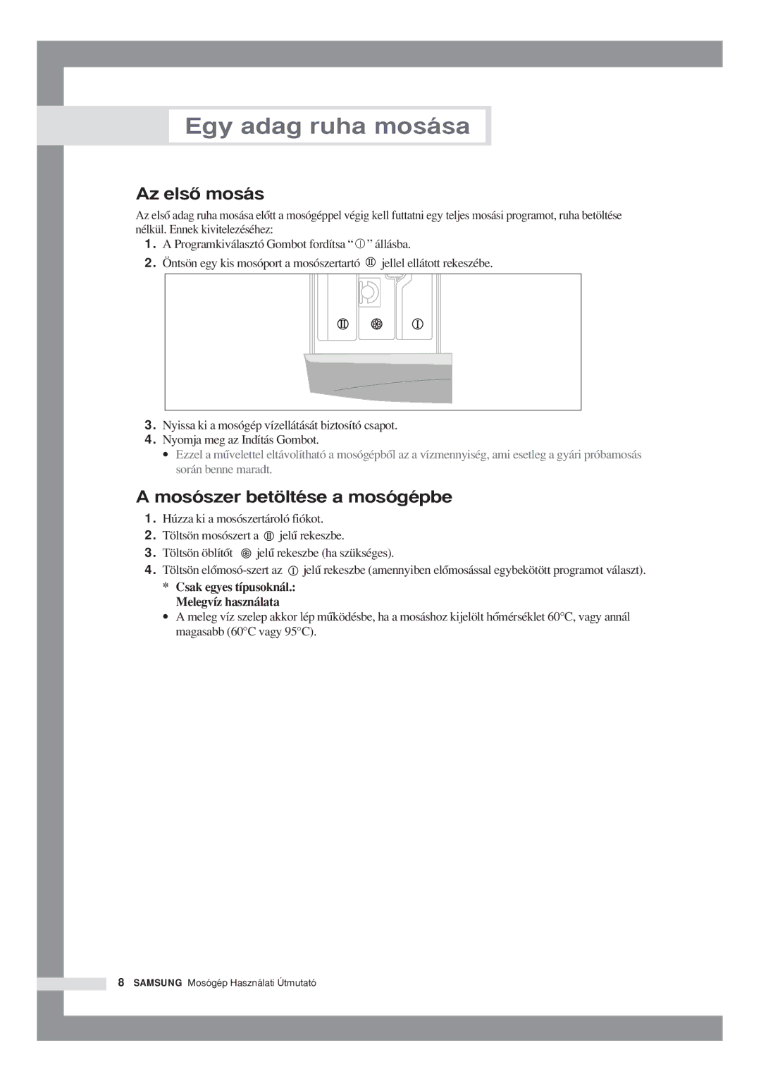 Samsung P801GW/XEH, P801GW1/XEH, P1001GW/XEH, P1001GW1/XEH manual Az elsŒ mosás, Mosószer betöltése a mosógépbe 