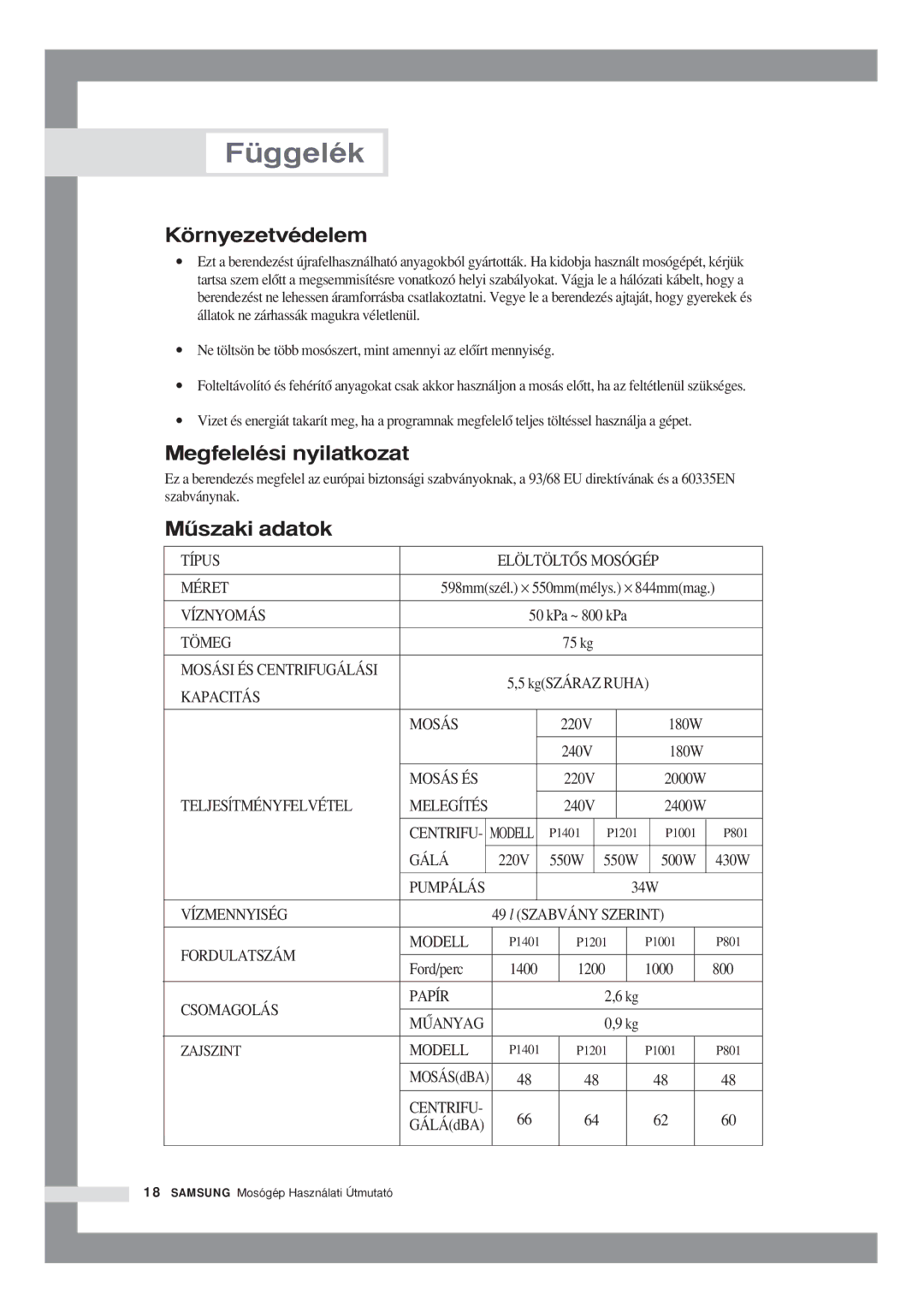 Samsung P1001GW/XEH, P801GW1/XEH, P1001GW1/XEH, P801GW/XEH manual Környezetvédelem, Megfelelési nyilatkozat, Mıszaki adatok 