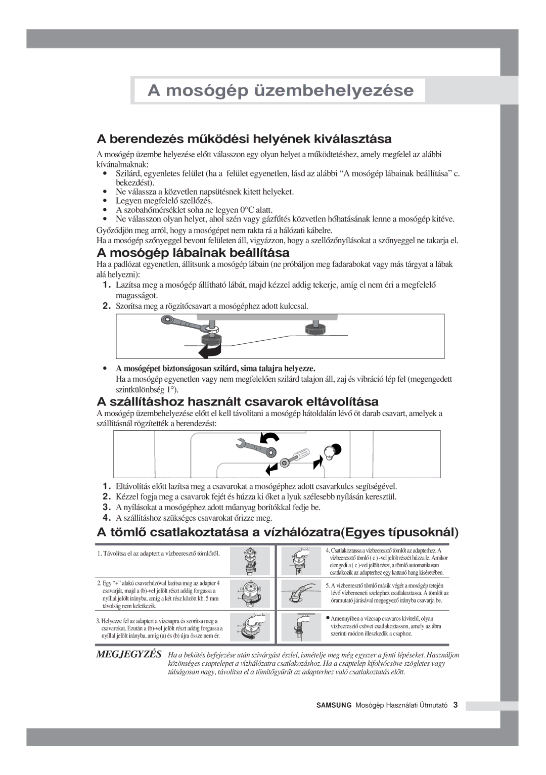 Samsung P1001GW1/XEH, P801GW1/XEH, P1001GW/XEH manual Berendezés mıködési helyének kiválasztása, Mosógép lábainak beállítása 