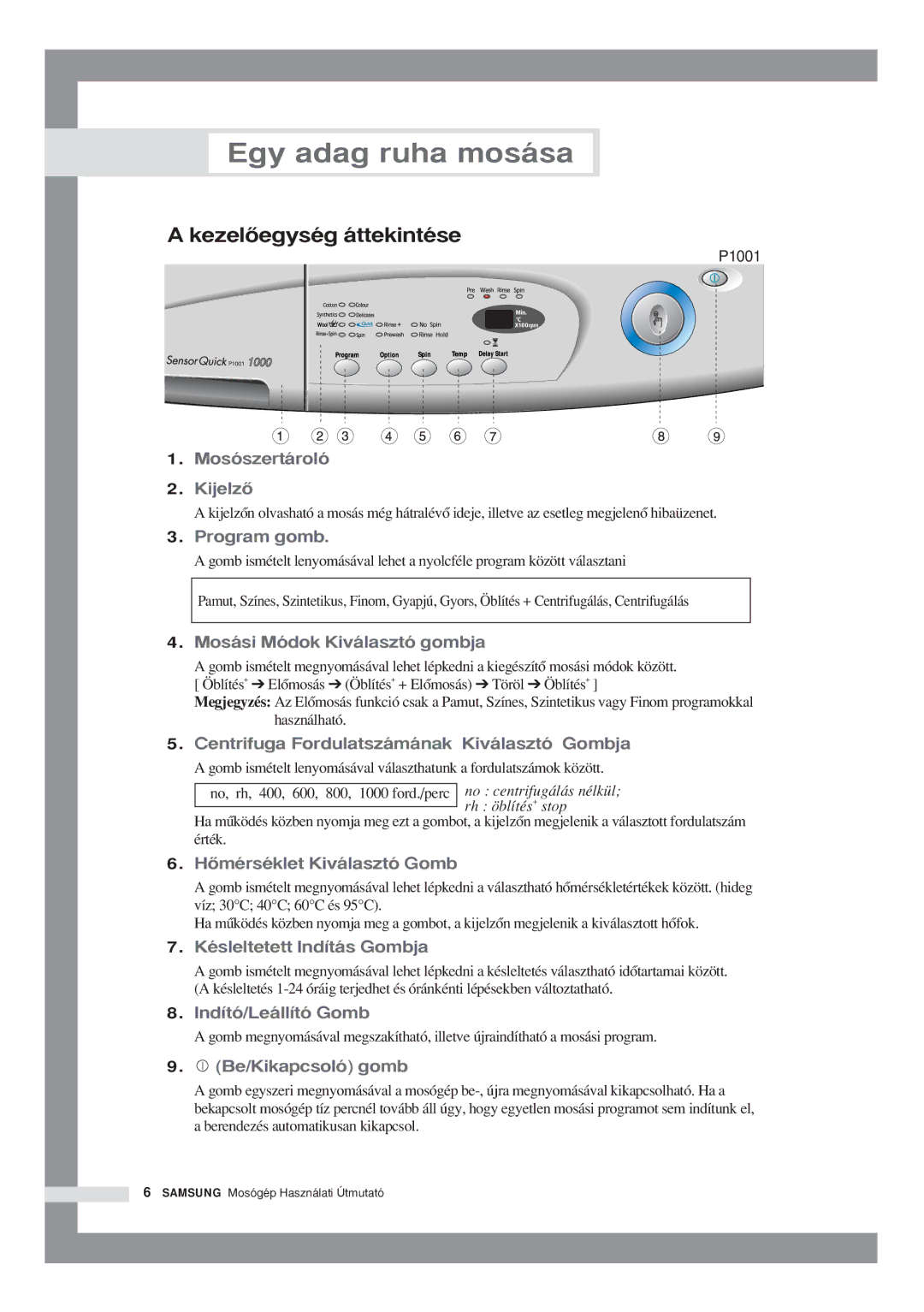 Samsung P1001GW/XEH, P801GW1/XEH, P1001GW1/XEH, P801GW/XEH manual HŒmérséklet Kiválasztó Gomb, Késleltetett Indítás Gombja 