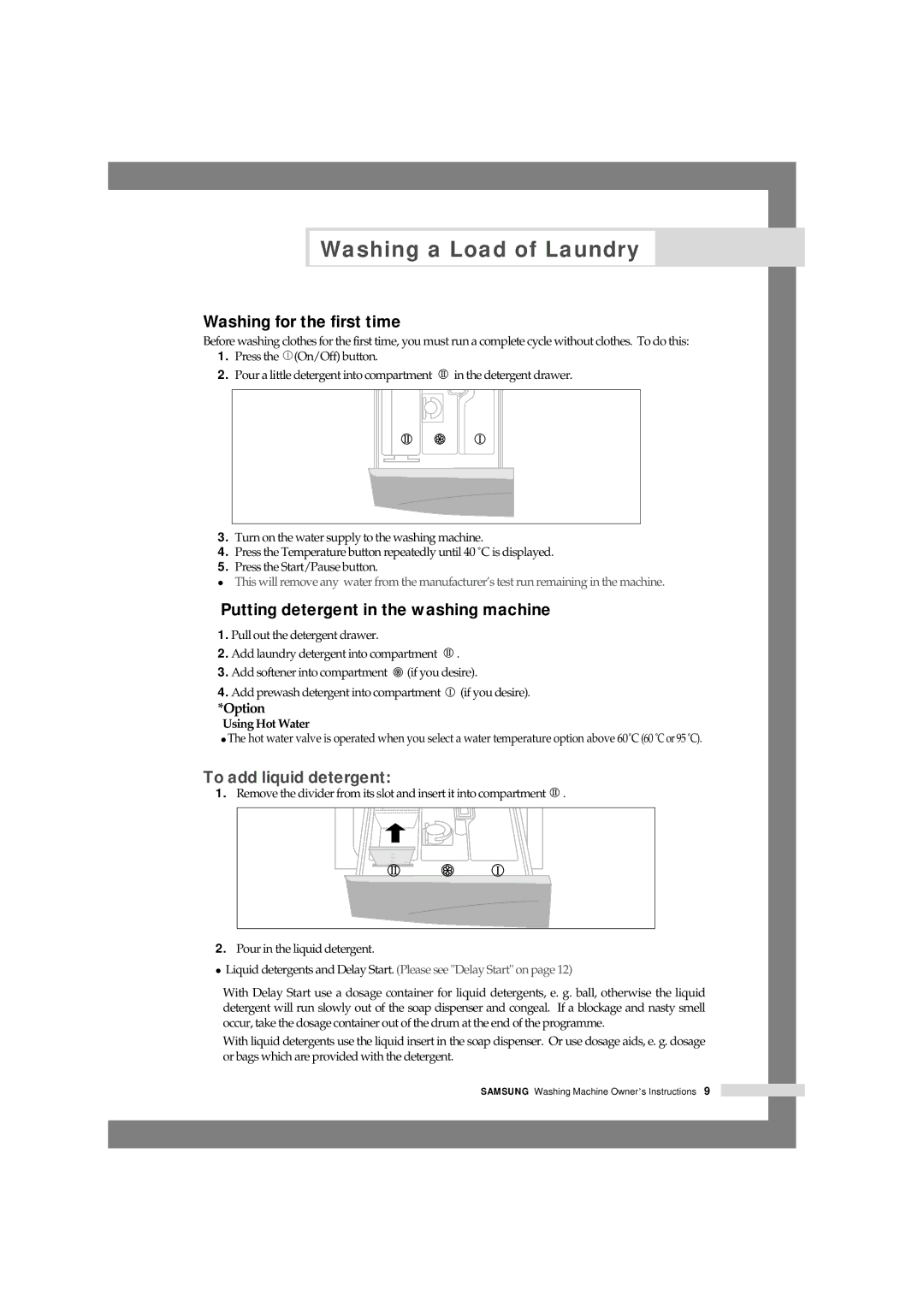 Samsung P1003J, P805J, P1405J, P1005j Washing for the first time, Putting detergent in the washing machine, Using Hot Water 