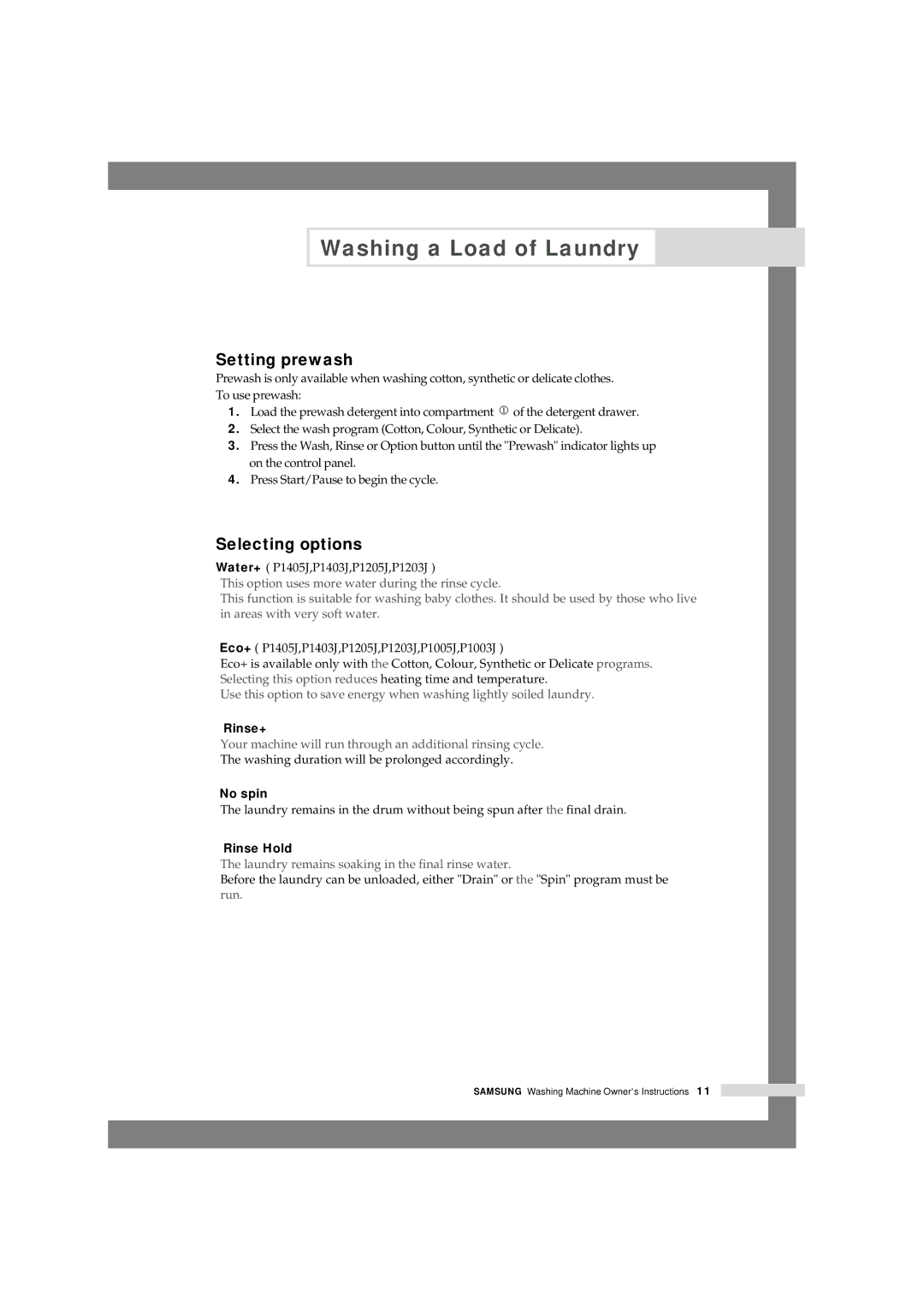 Samsung P803J, P805J, P1405J, P1005j, P1003J, P1205J, P1403J, P1203J manual Setting prewash, Selecting options 