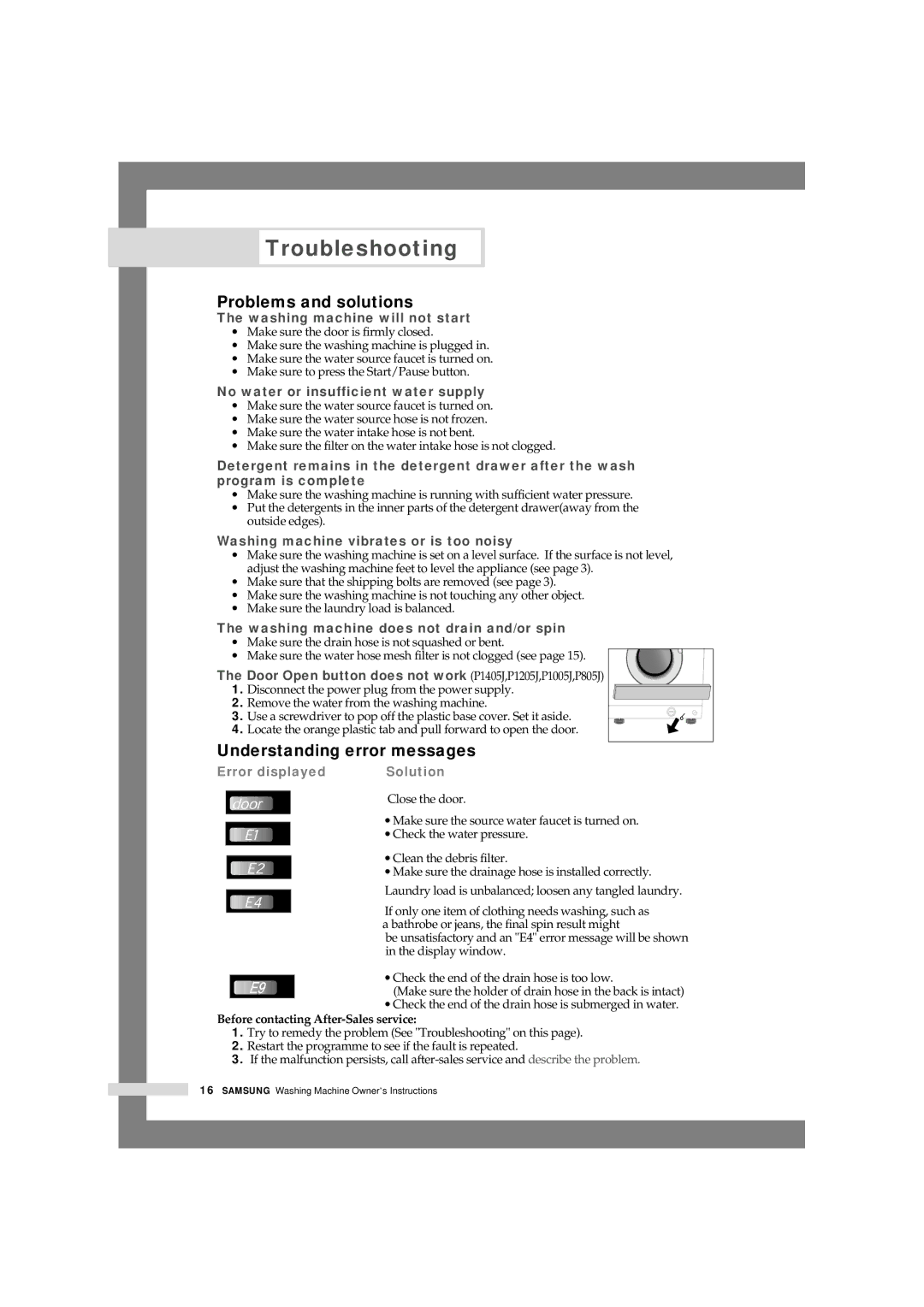 Samsung P1005j, P805J, P1405J, P1003J, P1205J, P803J Troubleshooting, Problems and solutions, Understanding error messages 