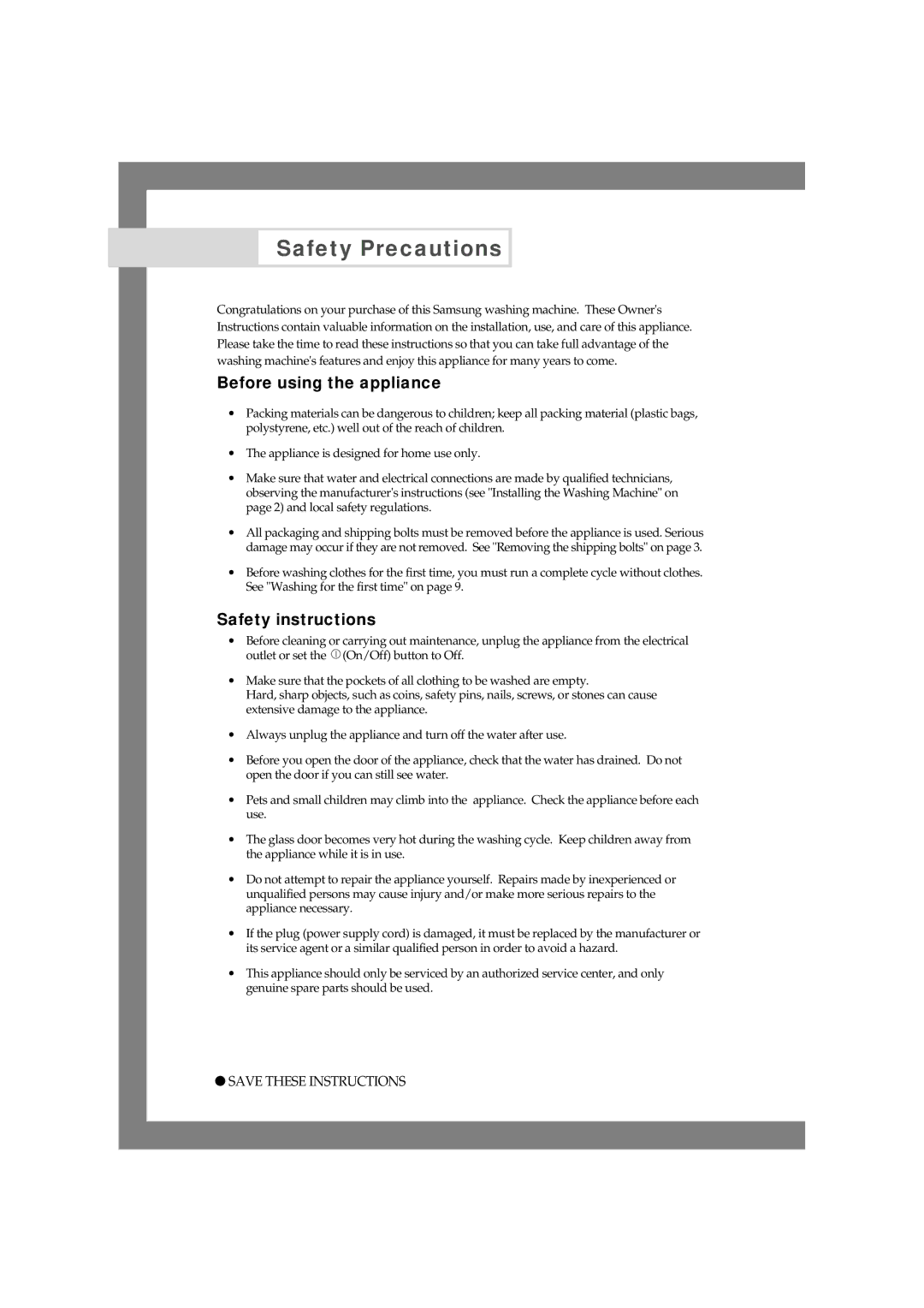 Samsung P1005j, P805J, P1405J, P1003J, P1205J, P803J manual Safety Precautions, Before using the appliance, Safety instructions 