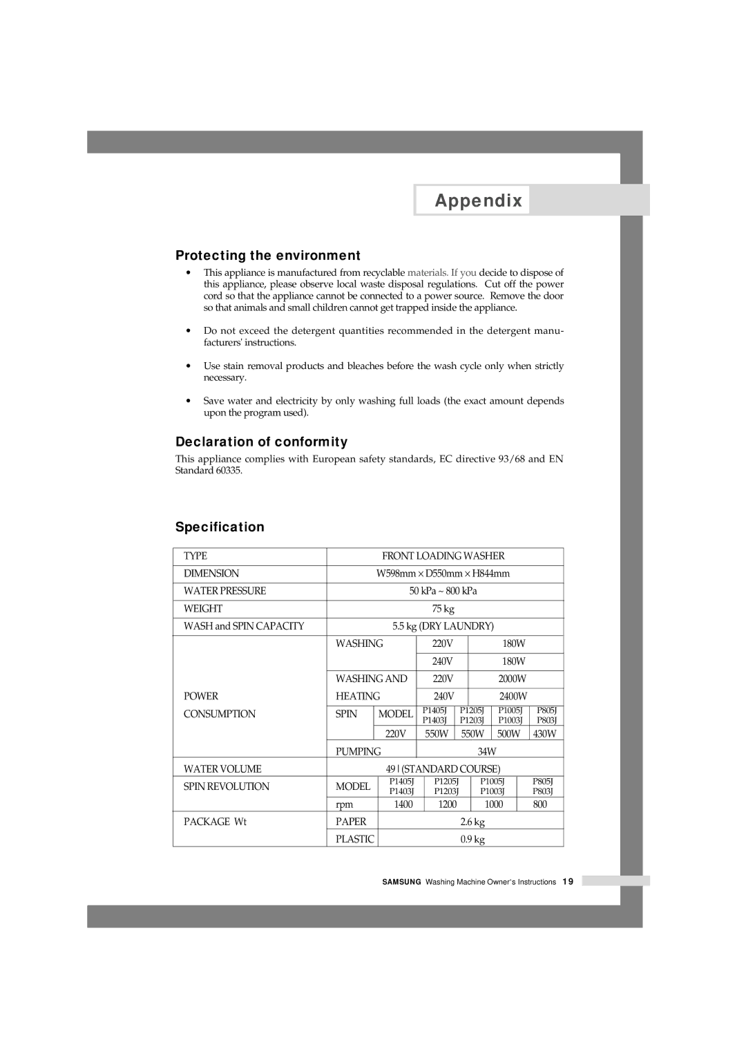 Samsung P803J, P805J, P1405J, P1005j, P1003J, P1205J manual Protecting the environment, Declaration of conformity, Specification 