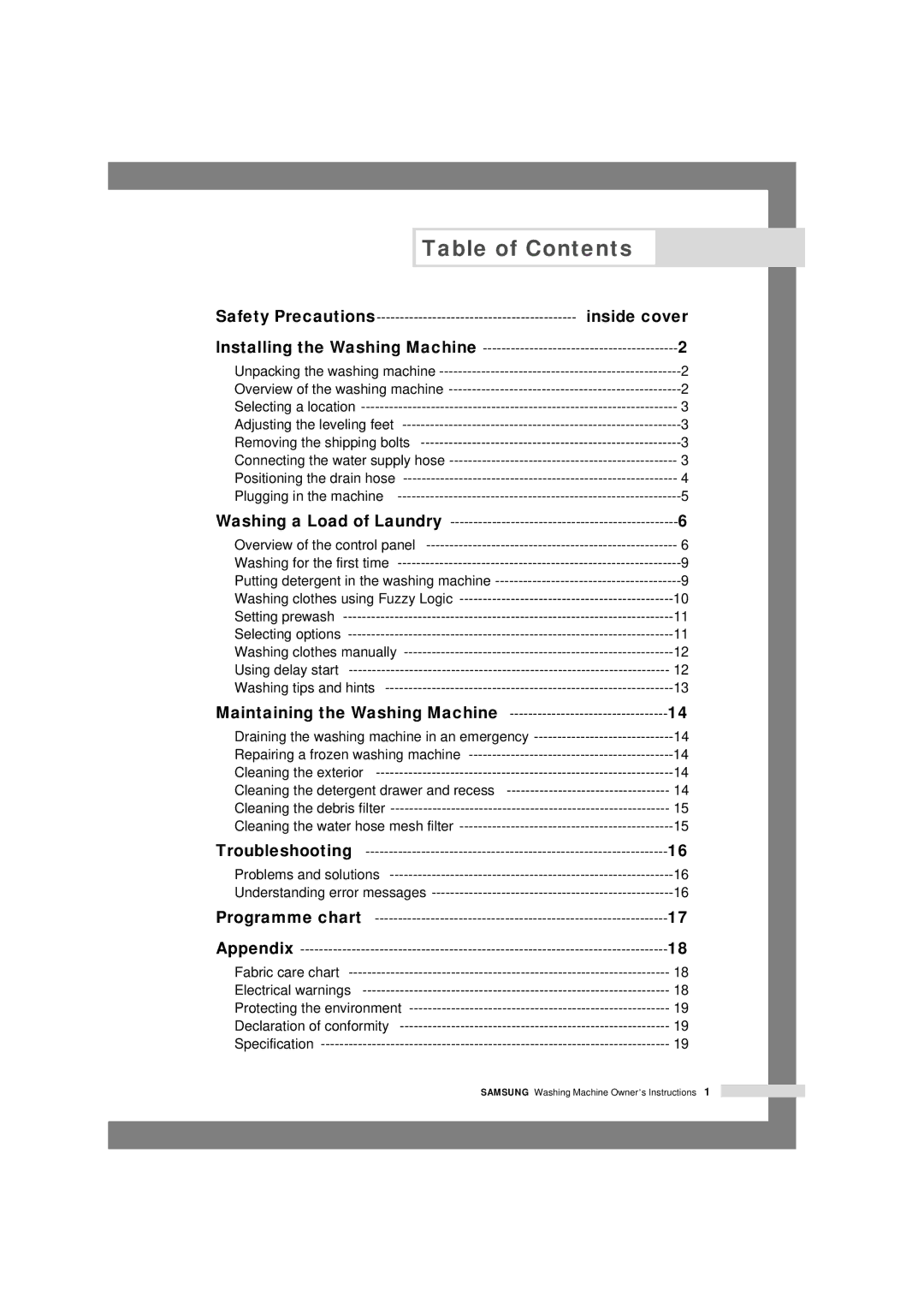 Samsung P1003J, P805J, P1405J, P1005j, P1205J, P803J, P1403J, P1203J manual Table of Contents 