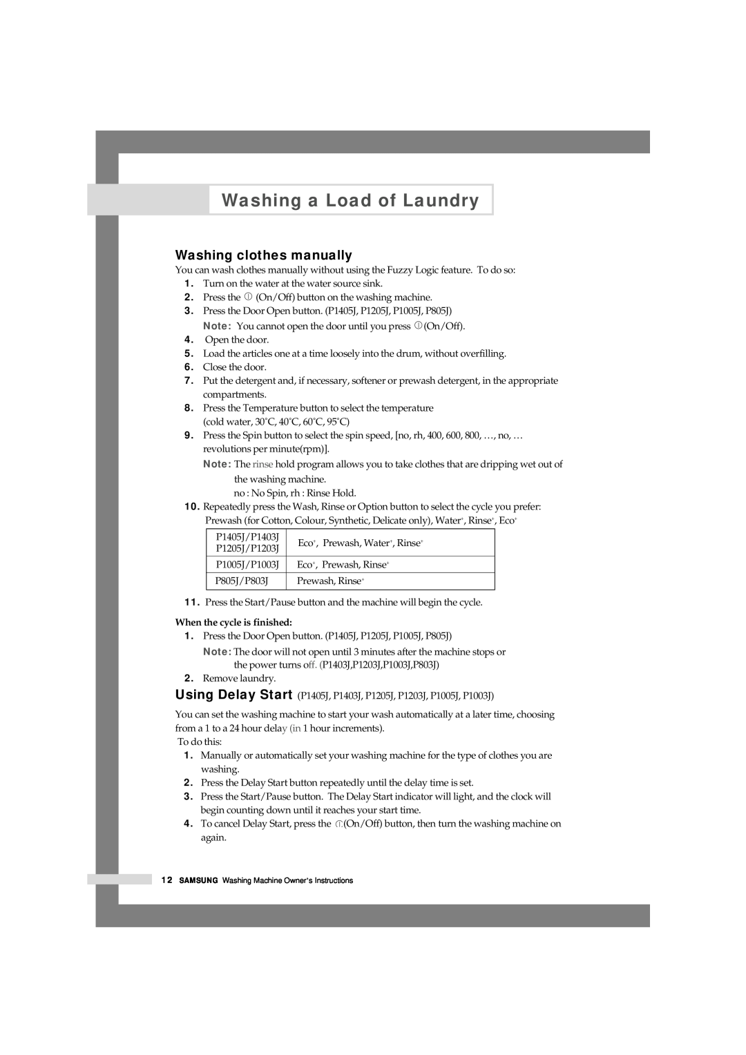 Samsung P1403J, P805J Washing clothes manually, Washing a Load of Laundry, SAMSUNG Washing Machine Owner’s Instructions 