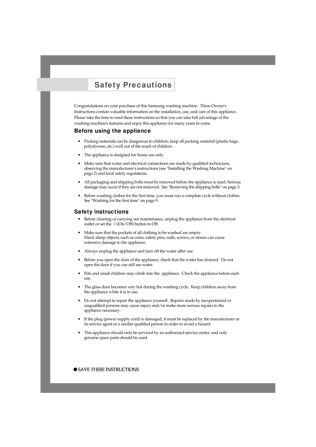 Samsung P1005j, P805J, P1405J Safety Precautions, Before using the appliance, Safety instructions, Save These Instructions 