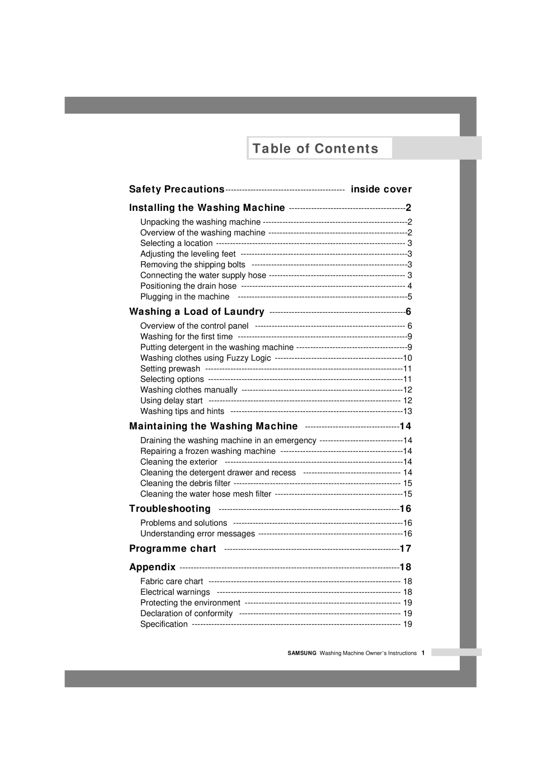 Samsung P1003J, P805J, P1405J, P1005j, P1205J, P803J, P1403J, P1203J manual Table of Contents, inside cover, Safety Precautions 