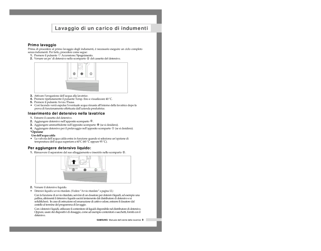 Samsung P805JGW/XET manual Primo lavaggio, Inserimento del detersivo nella lavatrice, Per aggiungere detersivo liquido 