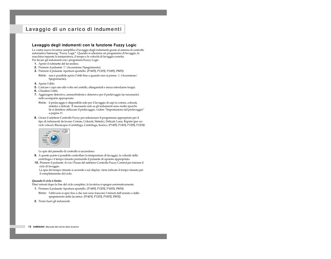 Samsung P805JGW1/XET, P1005JGW/XET manual Lavaggio degli indumenti con la funzione Fuzzy Logic, Quando il ciclo è finito 