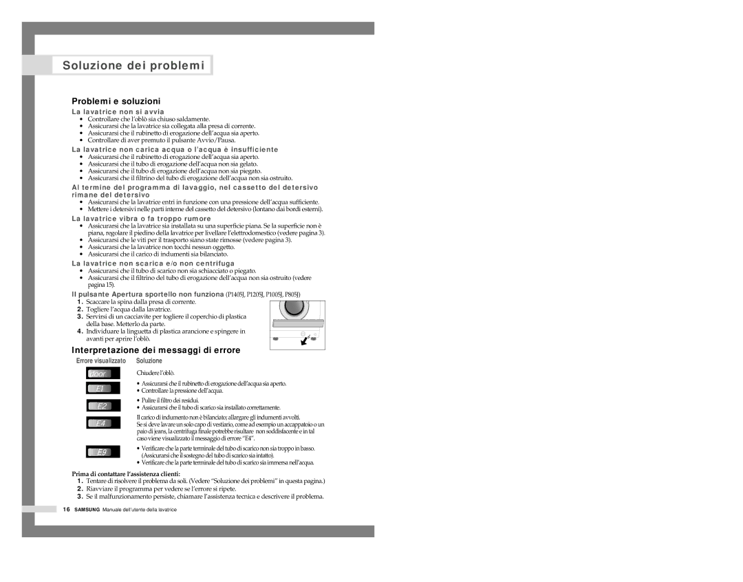 Samsung P805JGW1/XET, P1005JGW/XET Soluzione dei problemi, Problemi e soluzioni, Interpretazione dei messaggi di errore 