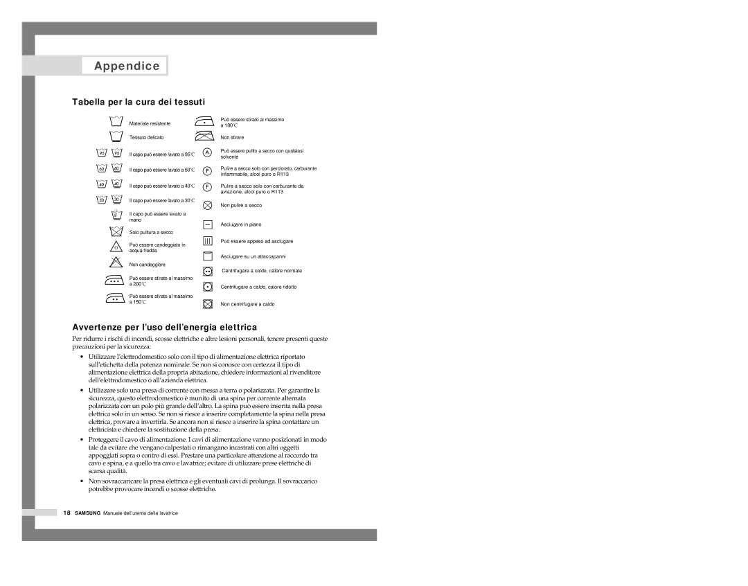 Samsung P1205JGW/XET, P805JGW1/XET Appendice, Tabella per la cura dei tessuti, Avvertenze per l’uso dell’energia elettrica 