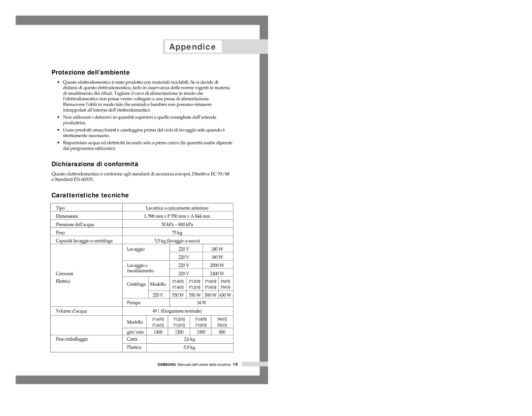 Samsung P1405JGS/XET, P805JGW1/XET manual Protezione dell’ambiente, Dichiarazione di conformità, Caratteristiche tecniche 