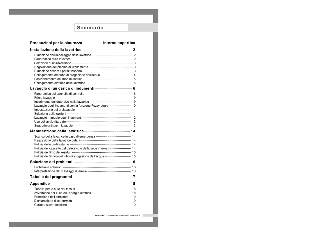 Samsung P1405JGS/XET, P805JGW1/XET, P1005JGW/XET, P1205JGW/XET manual Sommario, Precauzioni per la sicurezza Interno copertina 