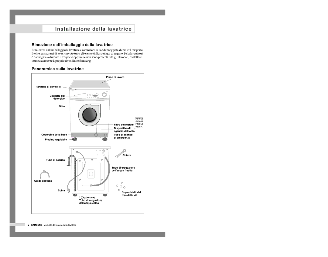 Samsung P1005JGW1/XET, P805JGW1/XET, P1005JGW/XET Installazione della lavatrice, Rimozione dall’imballaggio della lavatrice 