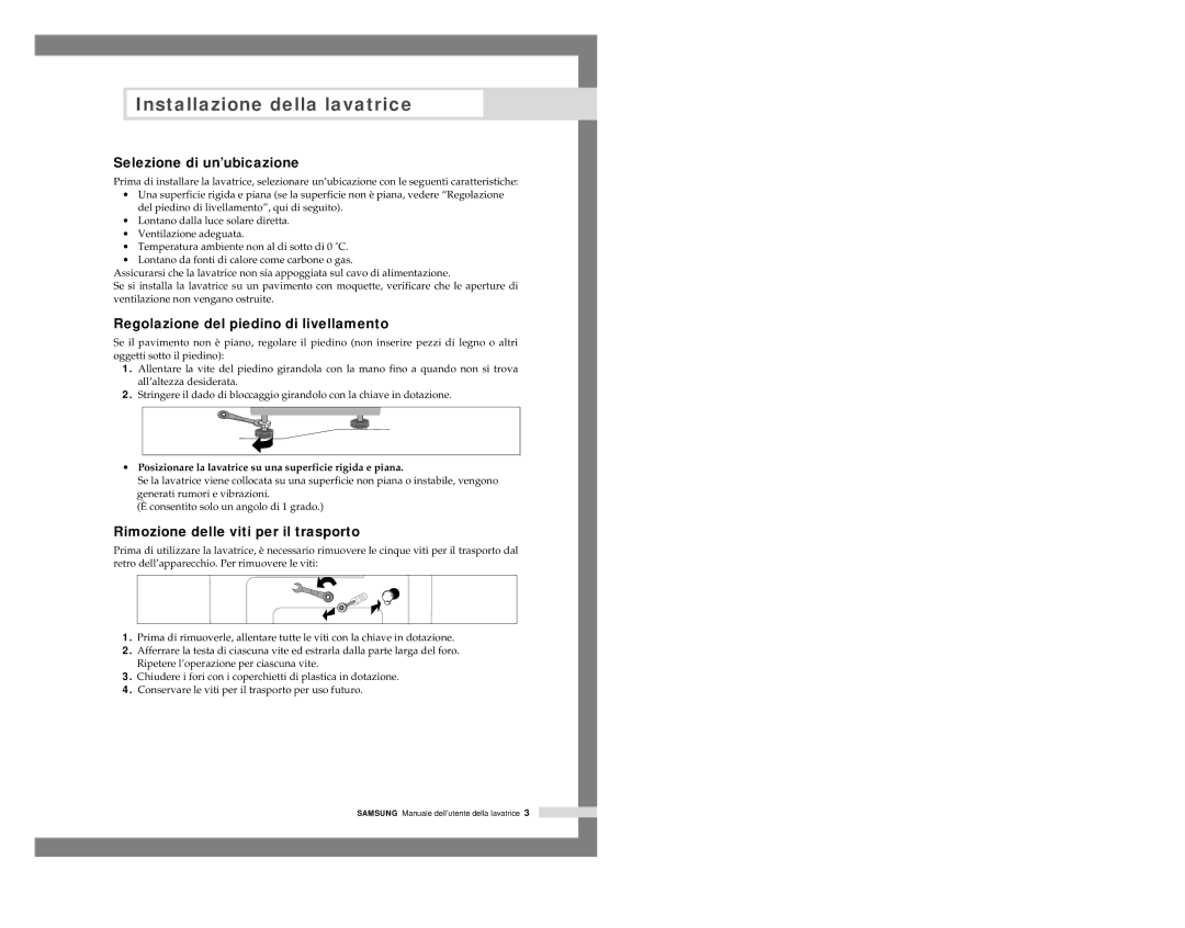 Samsung P805JGW/XET, P805JGW1/XET, P1005JGW/XET manual Selezione di un’ubicazione, Regolazione del piedino di livellamento 